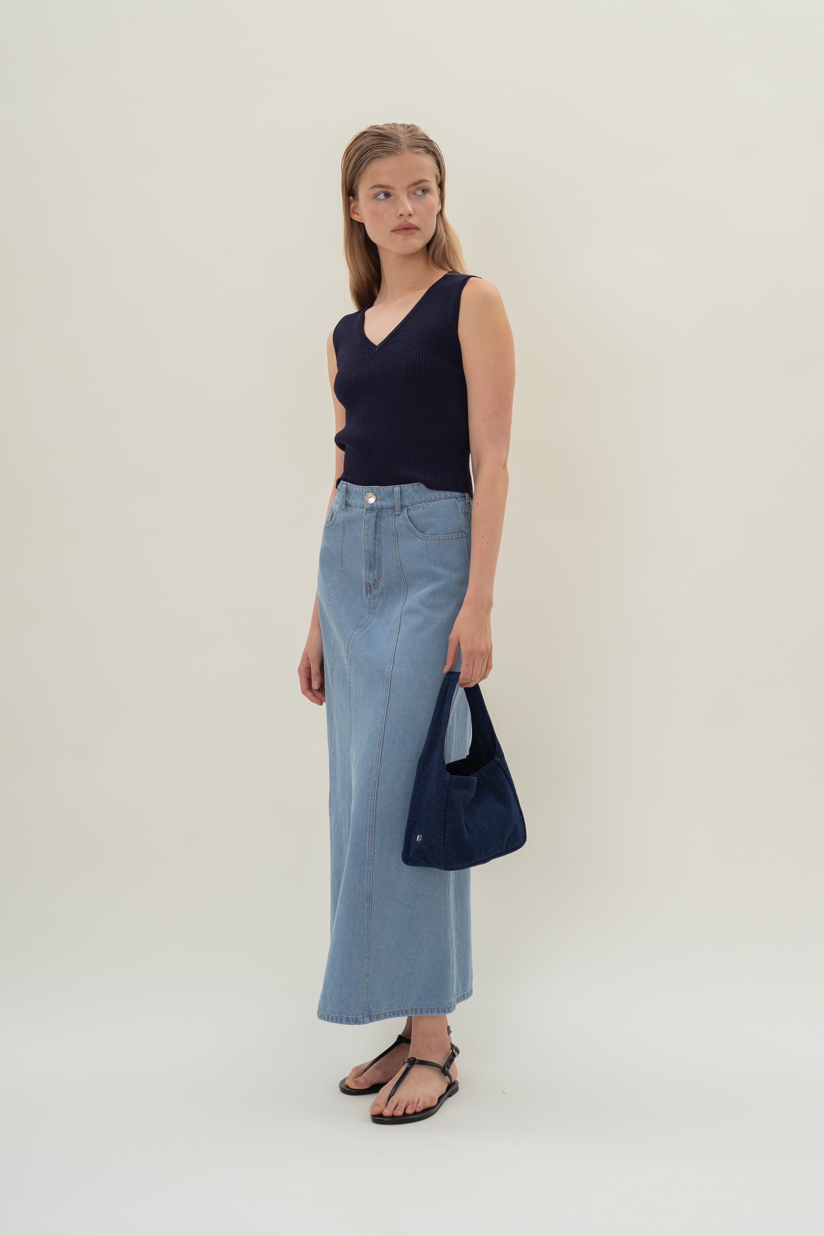 Denim Skirt with Front Slit in Light Wash