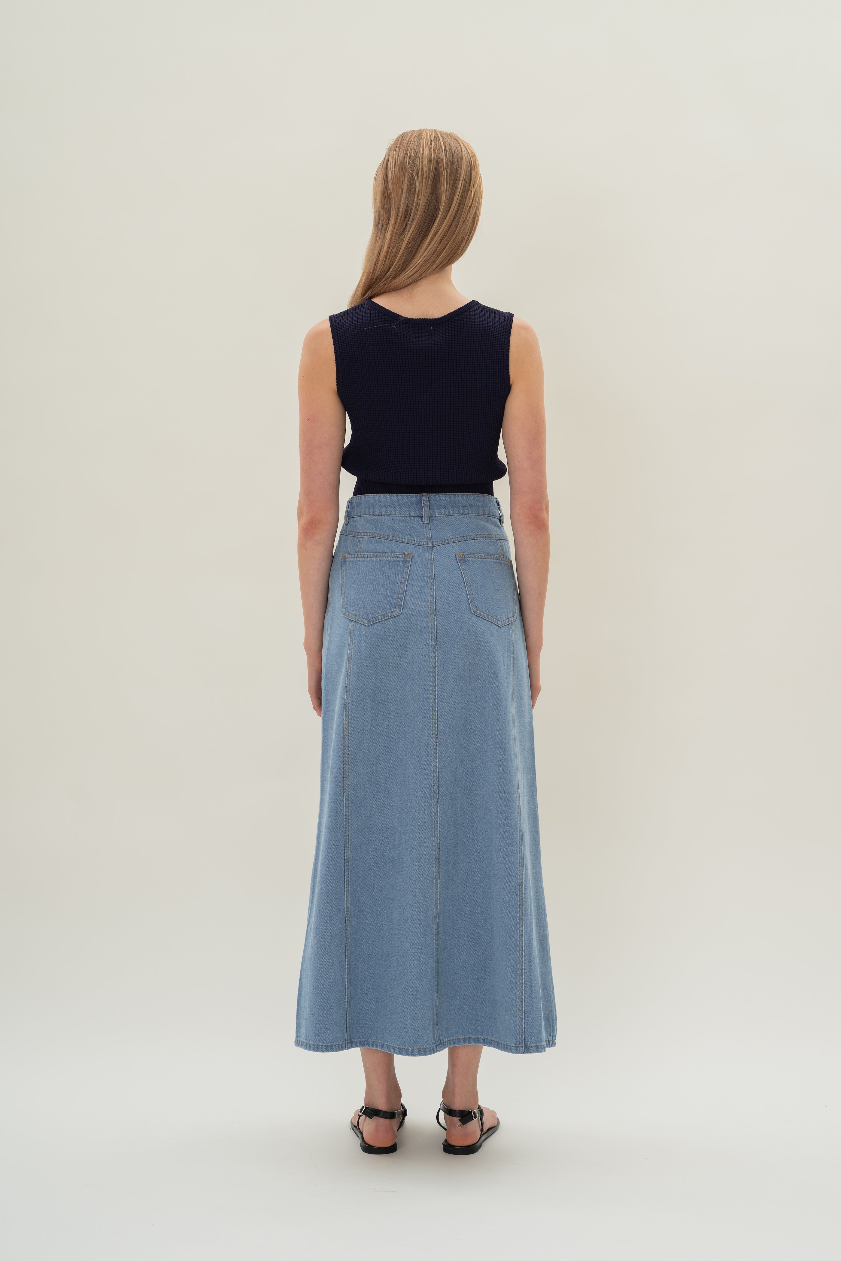 Denim Skirt with Front Slit in Light Wash