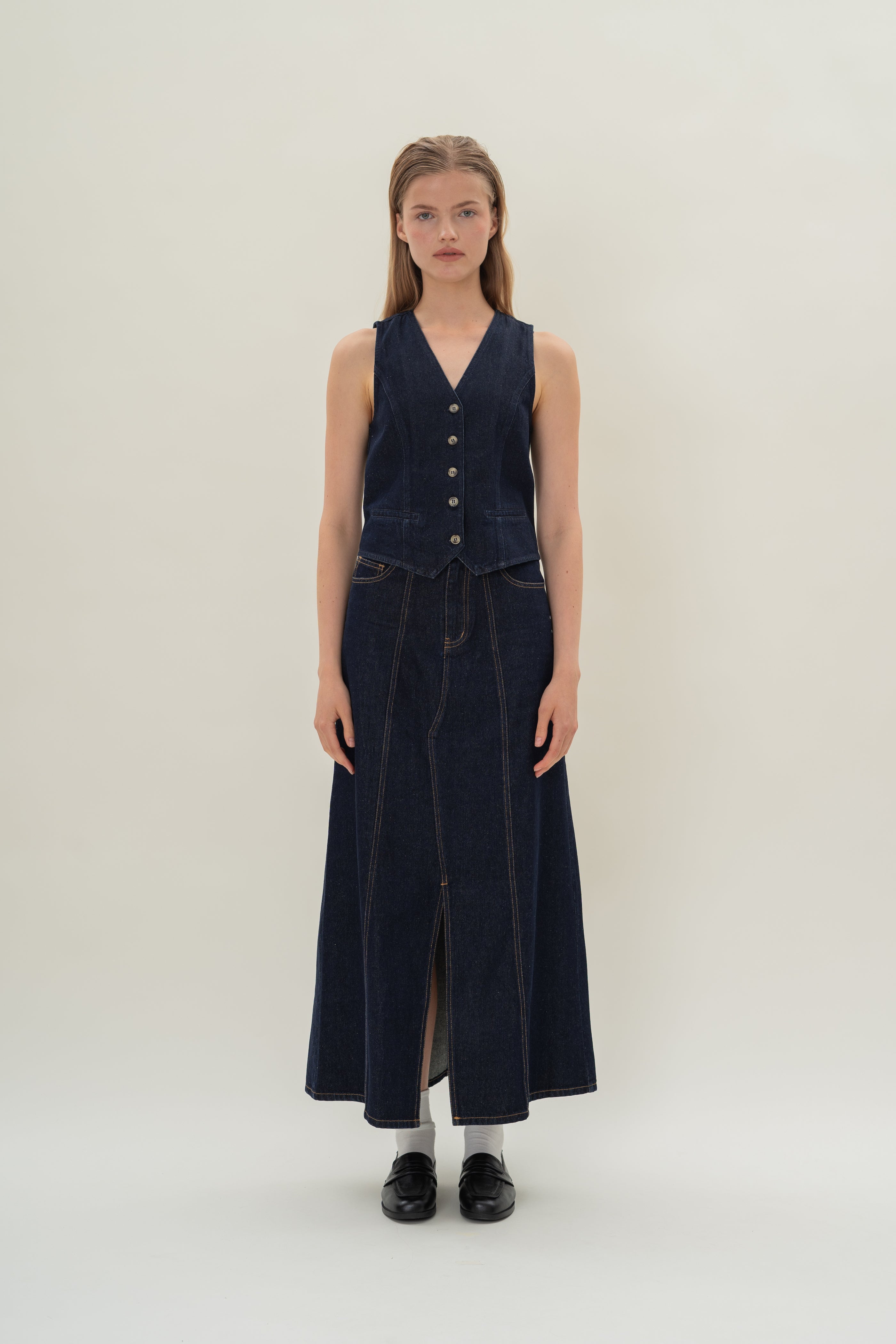 Denim Skirt with Front Slit in Dark Wash