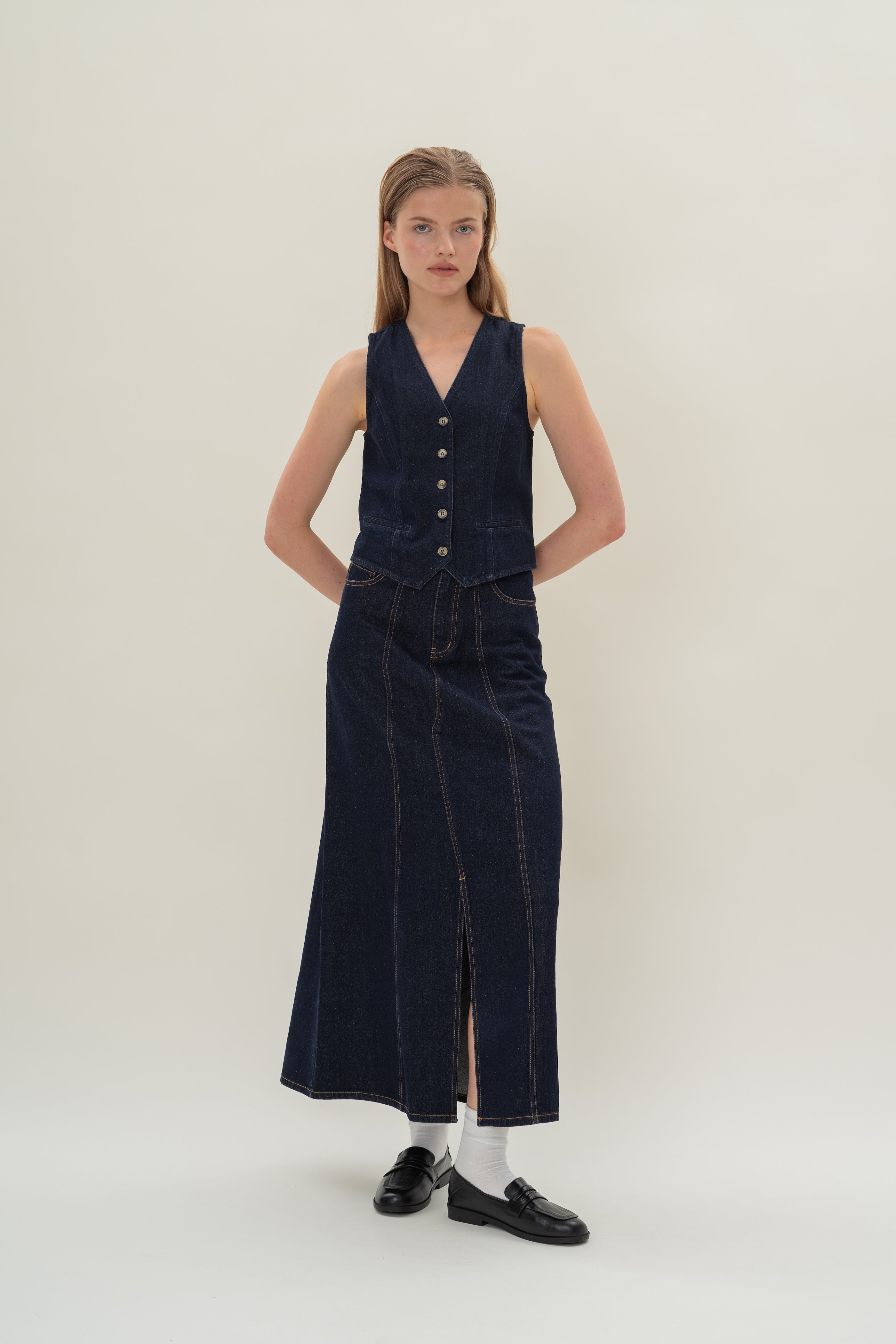 Denim Skirt with Front Slit in Dark Wash