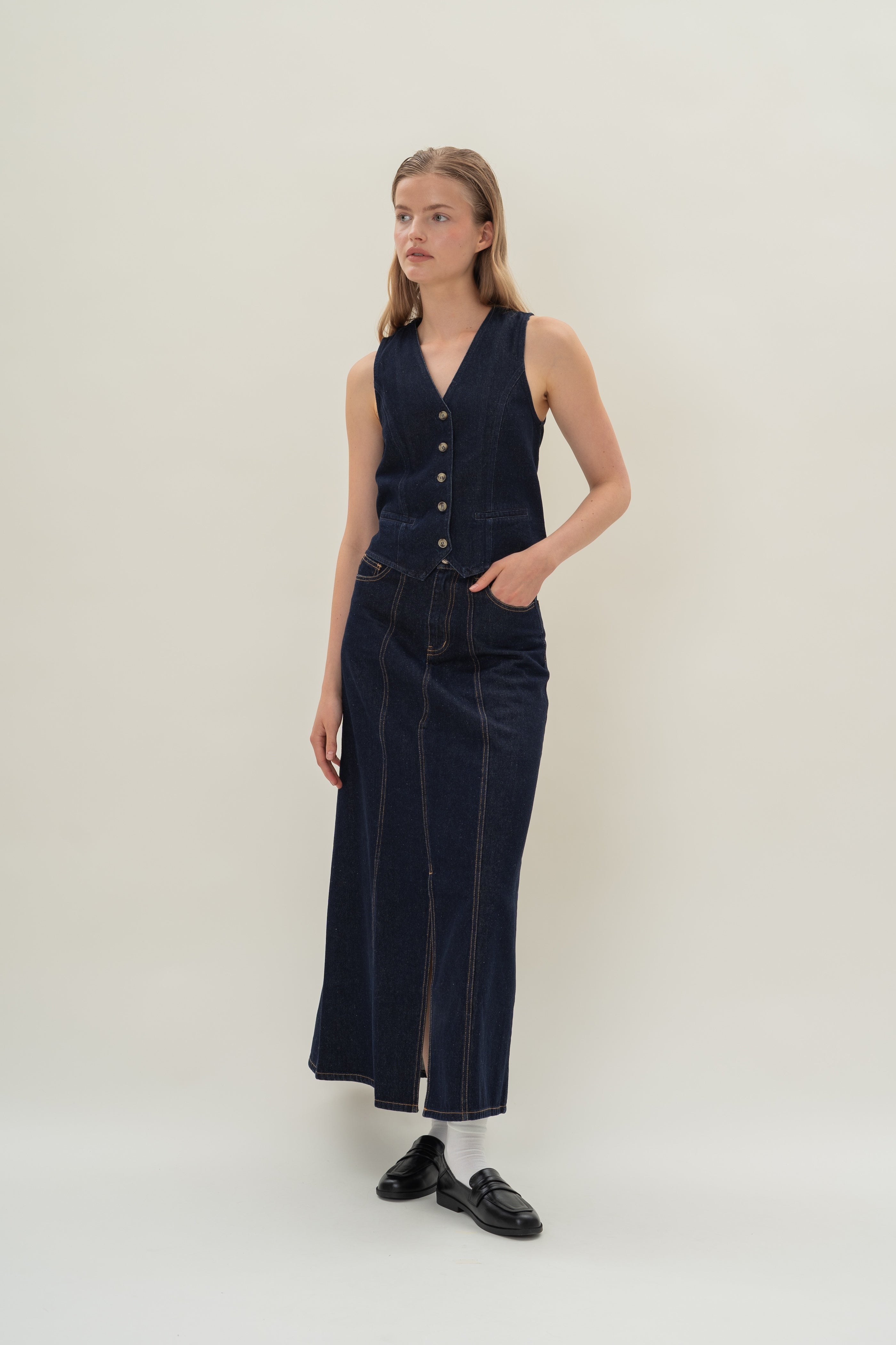 Denim Skirt with Front Slit in Dark Wash