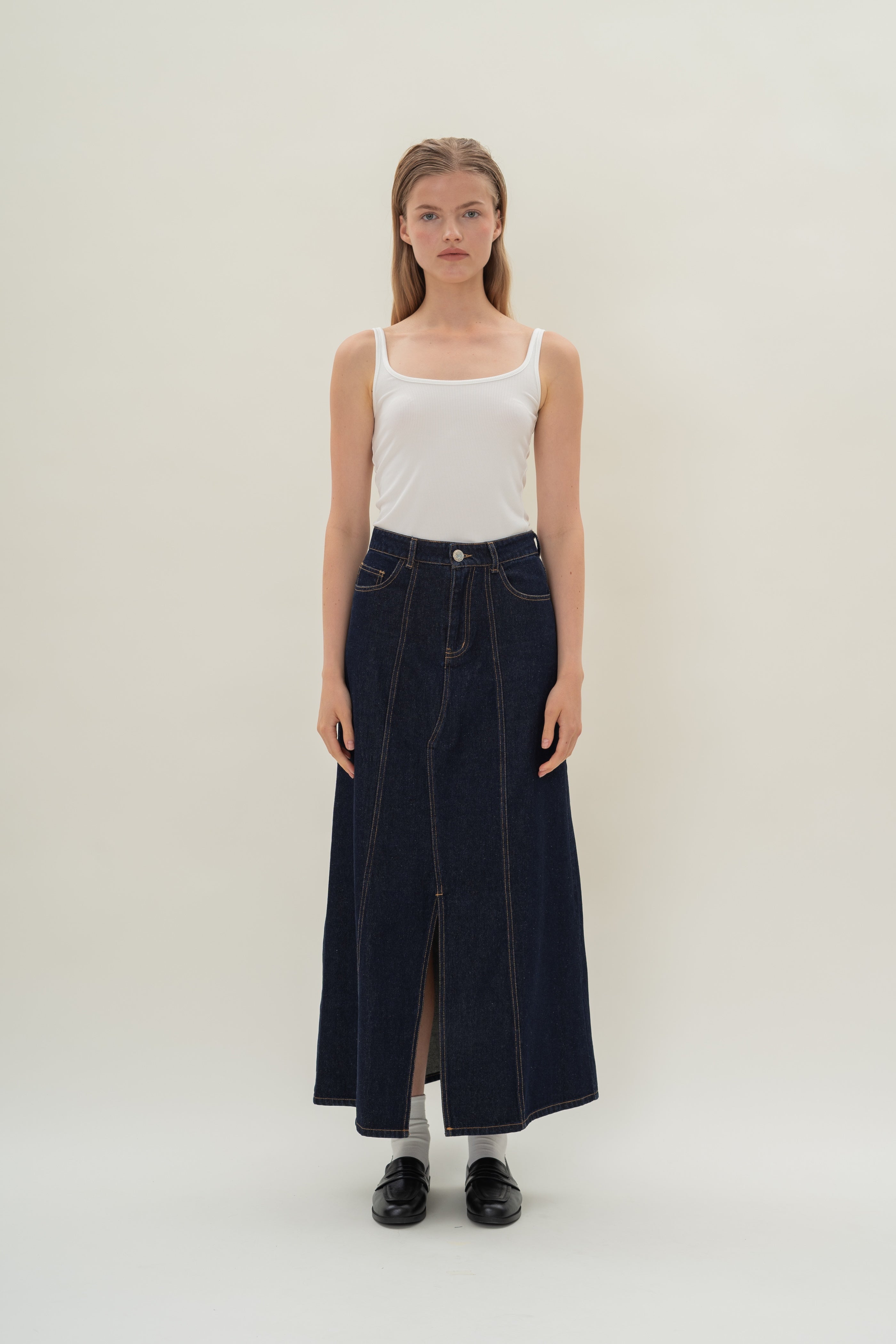 Denim Skirt with Front Slit in Dark Wash