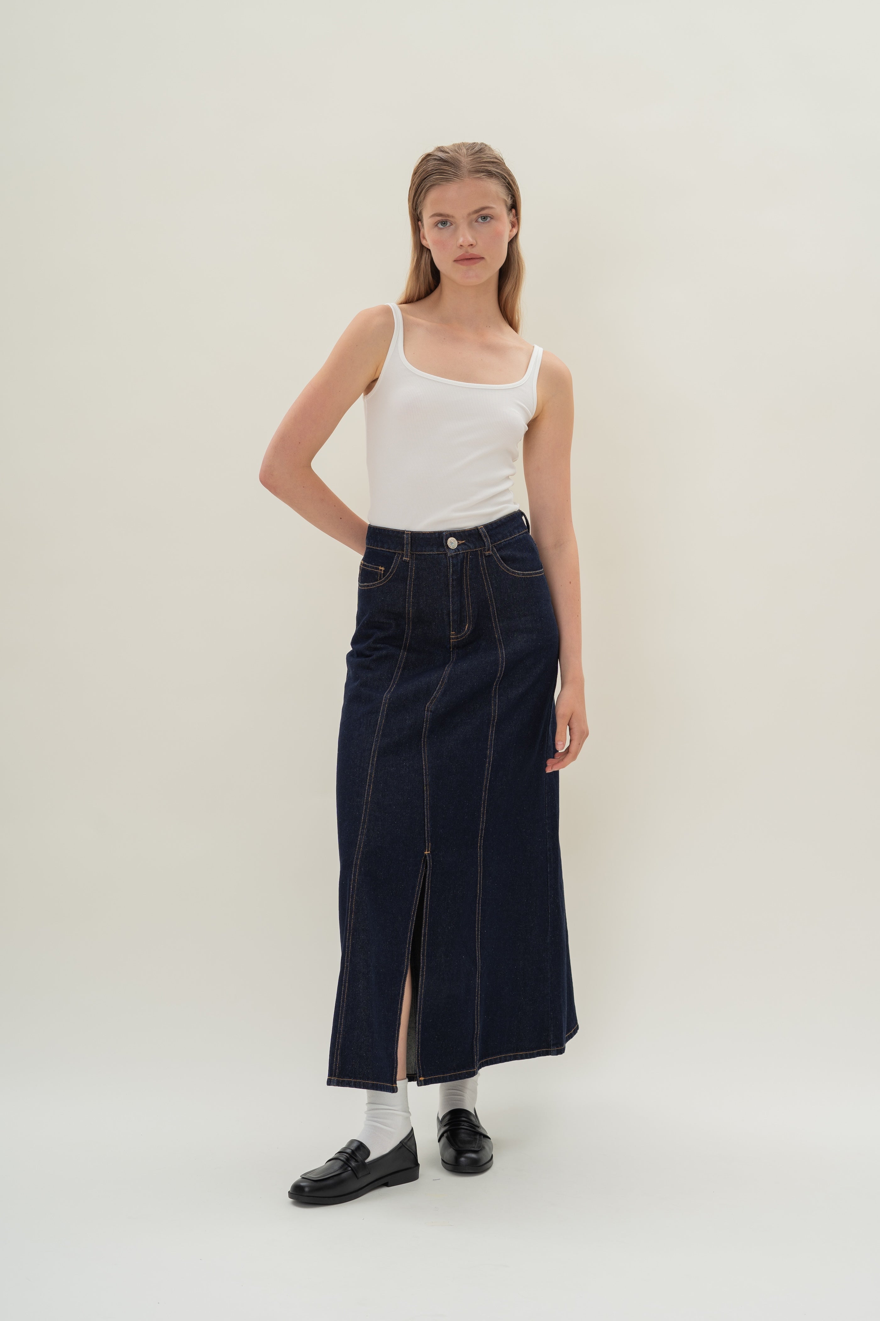 Denim Skirt with Front Slit in Dark Wash