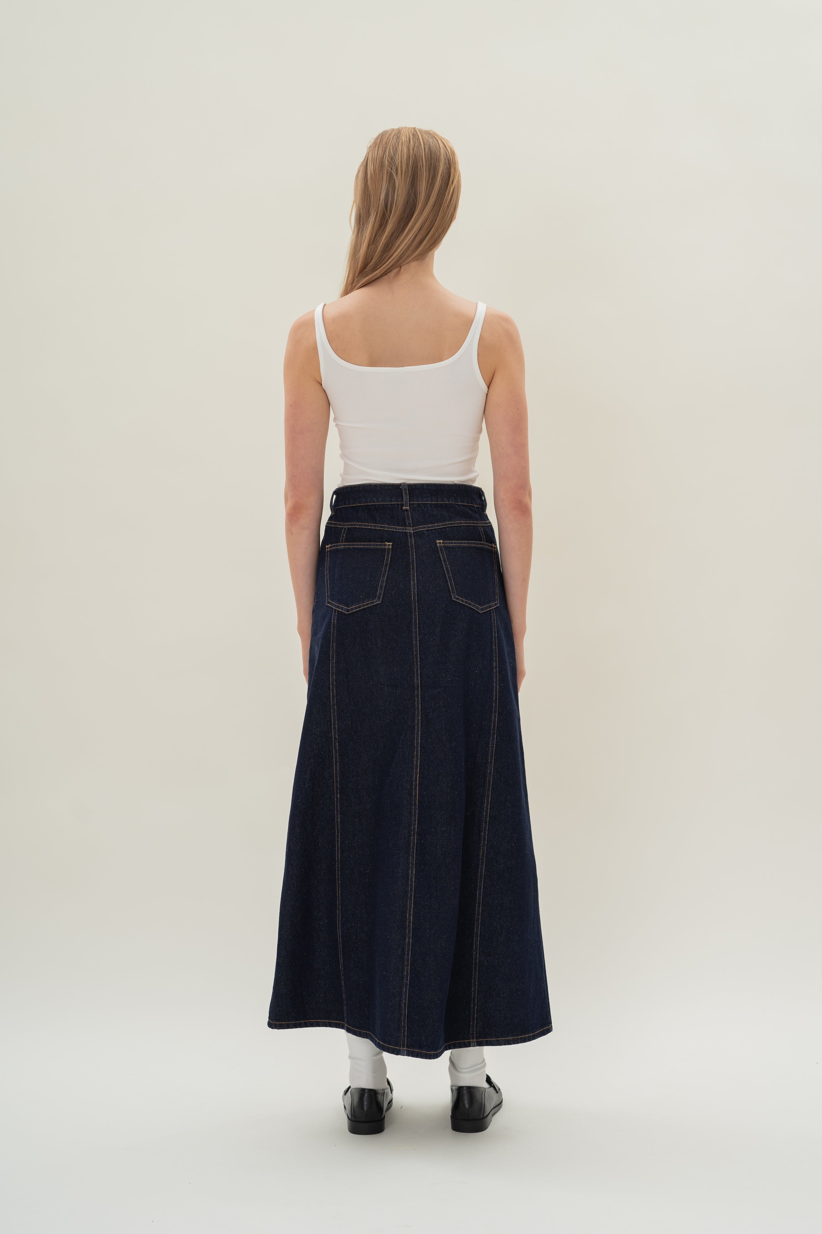 Denim Skirt with Front Slit in Dark Wash