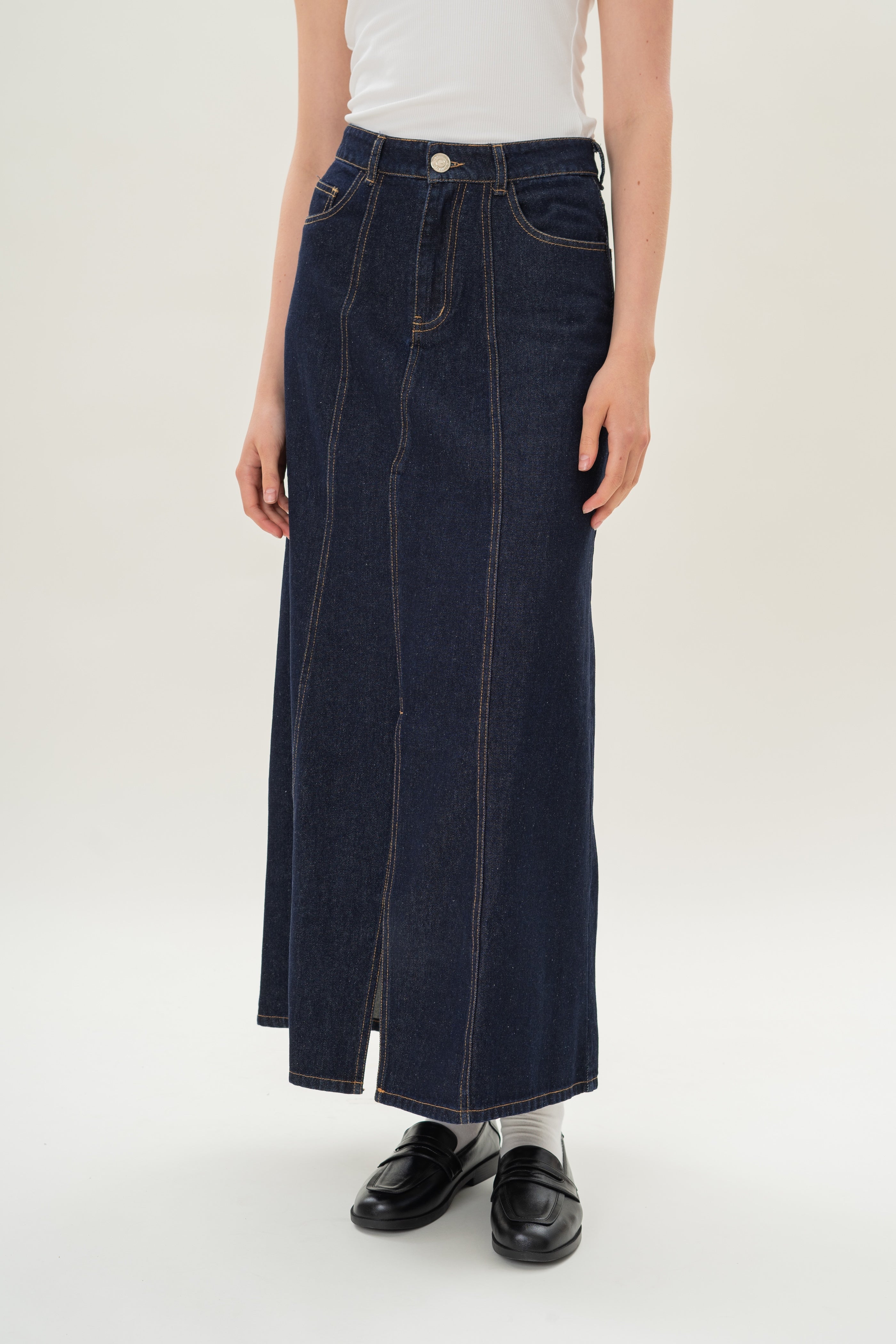 Denim Skirt with Front Slit in Dark Wash