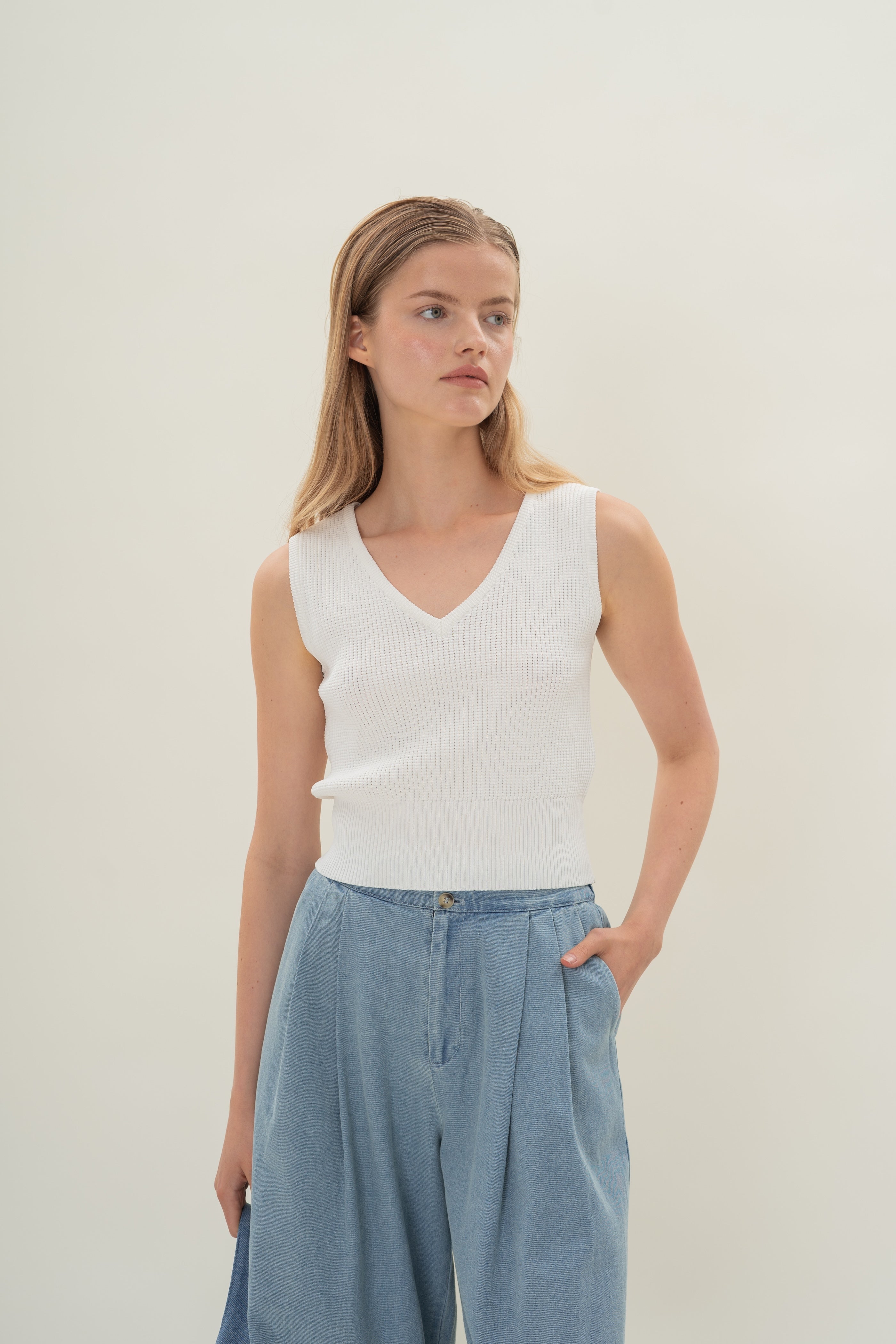 Waffle Knit Cropped Top in White