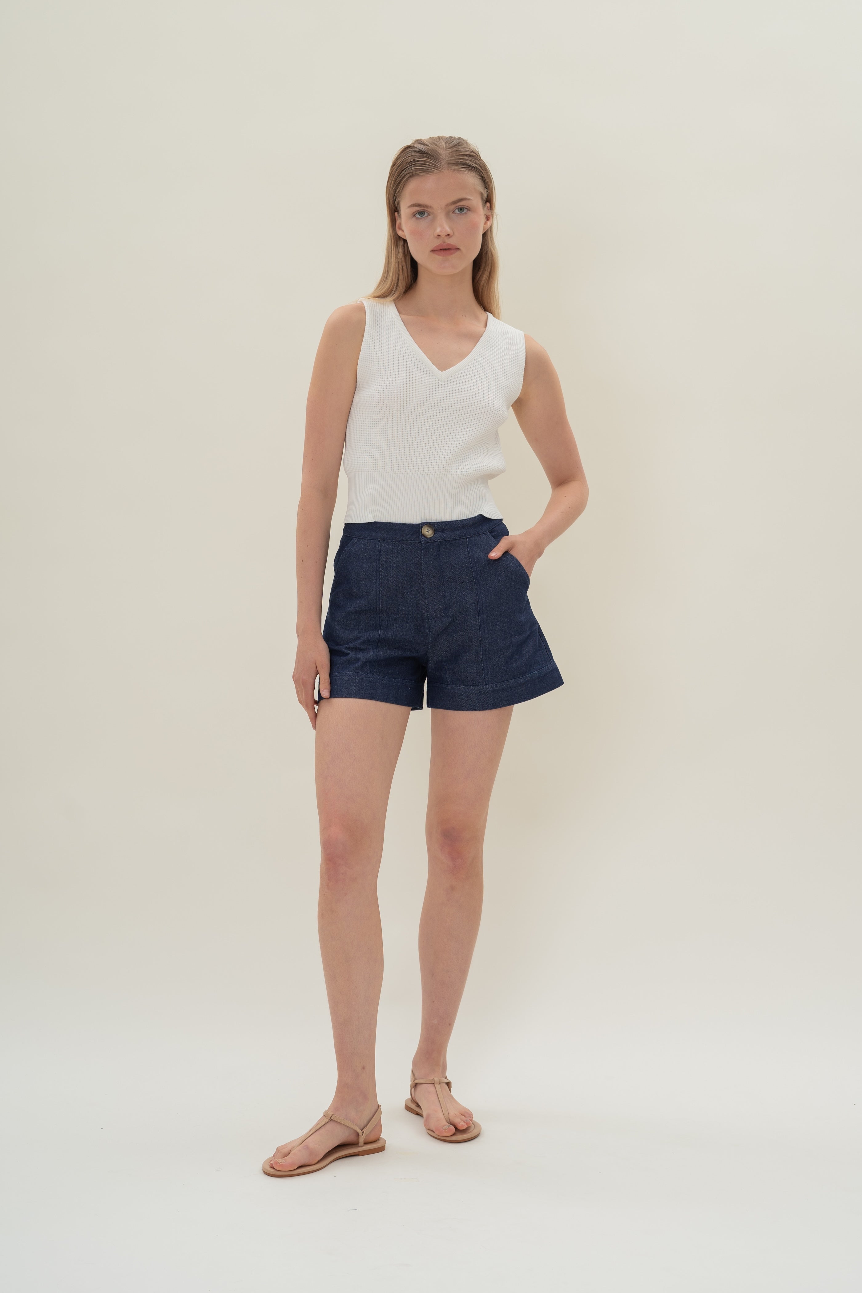 Denim Shorts with Seam Detailing in Mid Blue