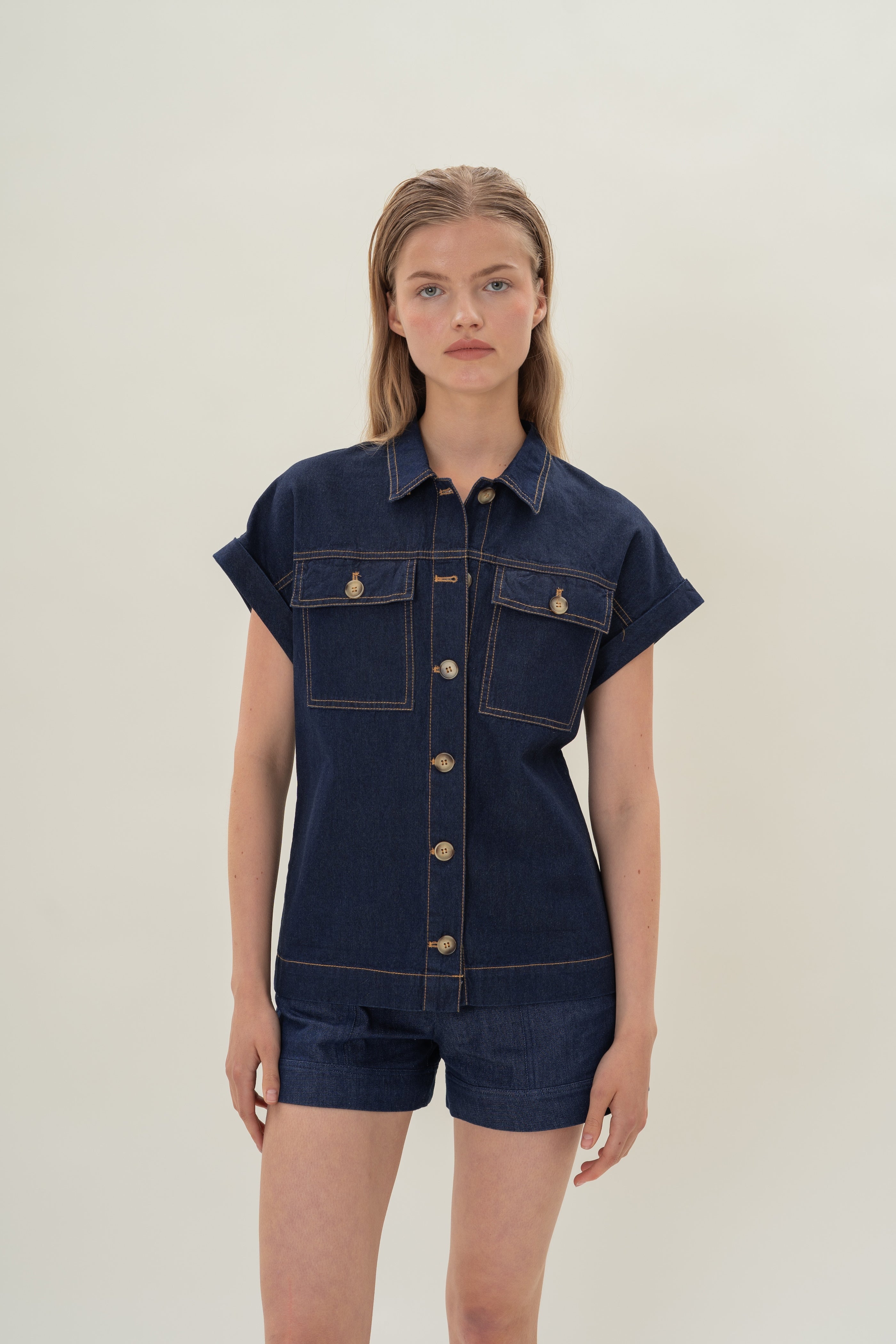 Denim Button Shirt Top in Dark Wash