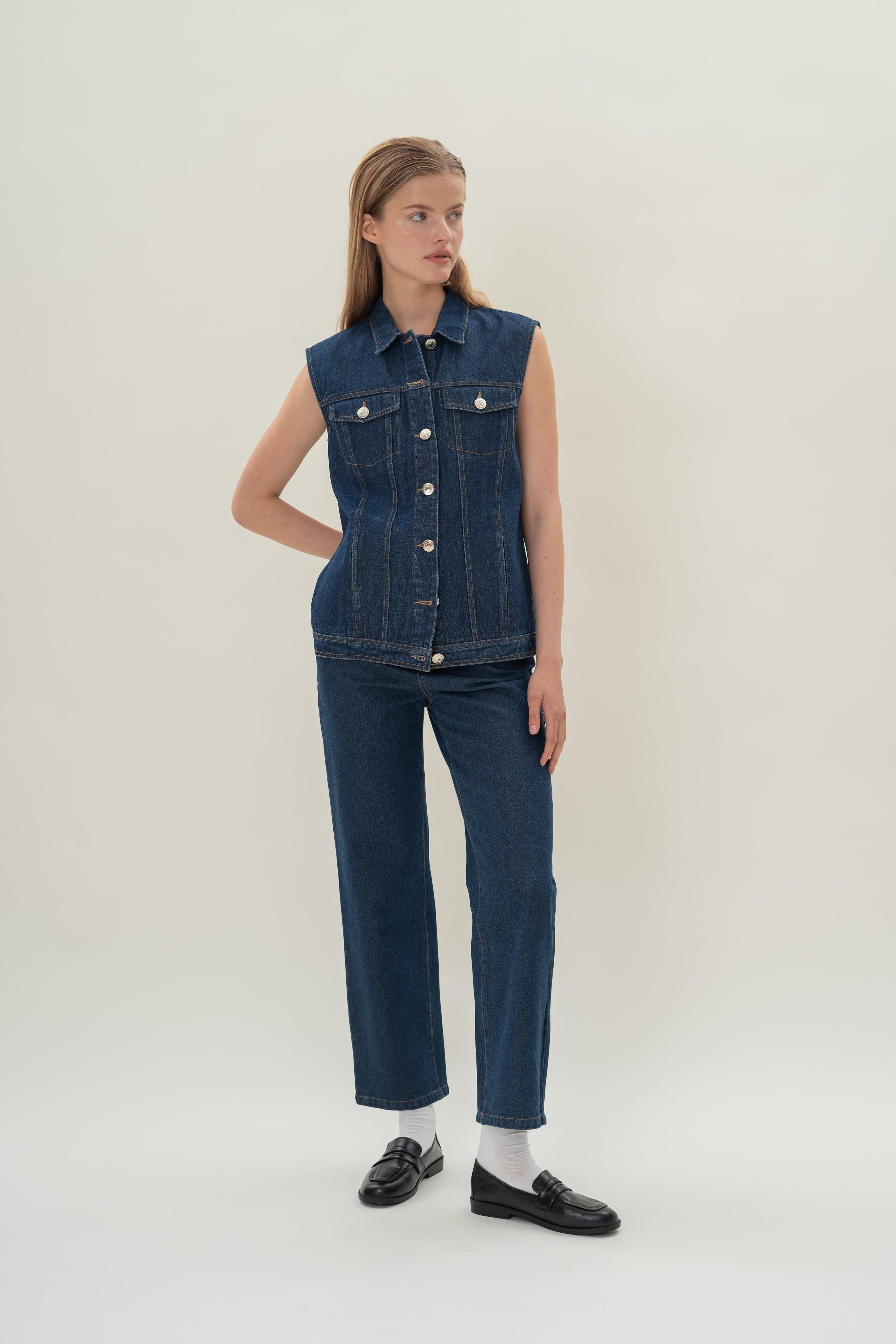 Longline Denim Vest Top in Mid Blue