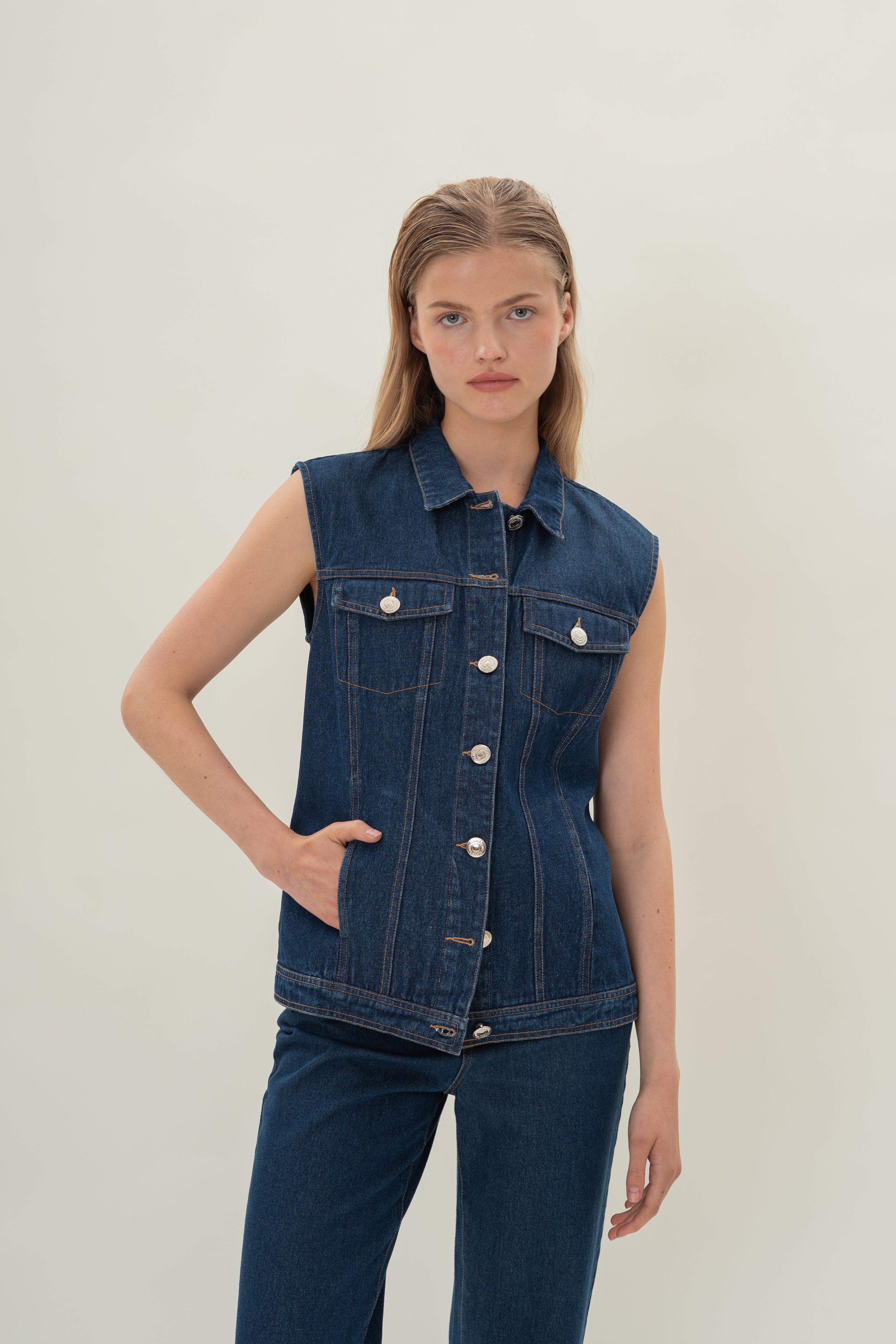 Longline Denim Vest Top in Mid Blue