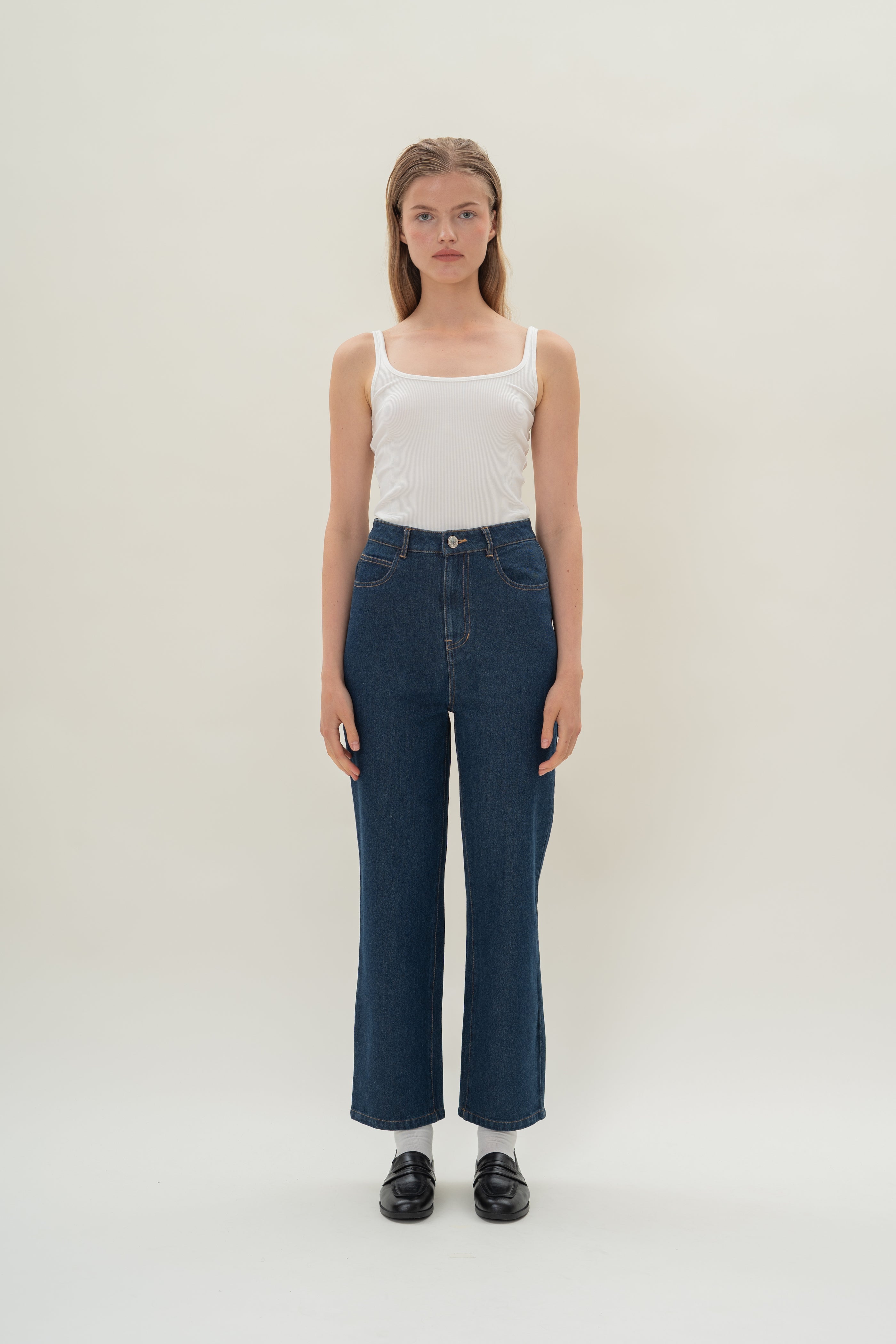 Studios High Rise Slim Tapered Jeans in Mid Blue