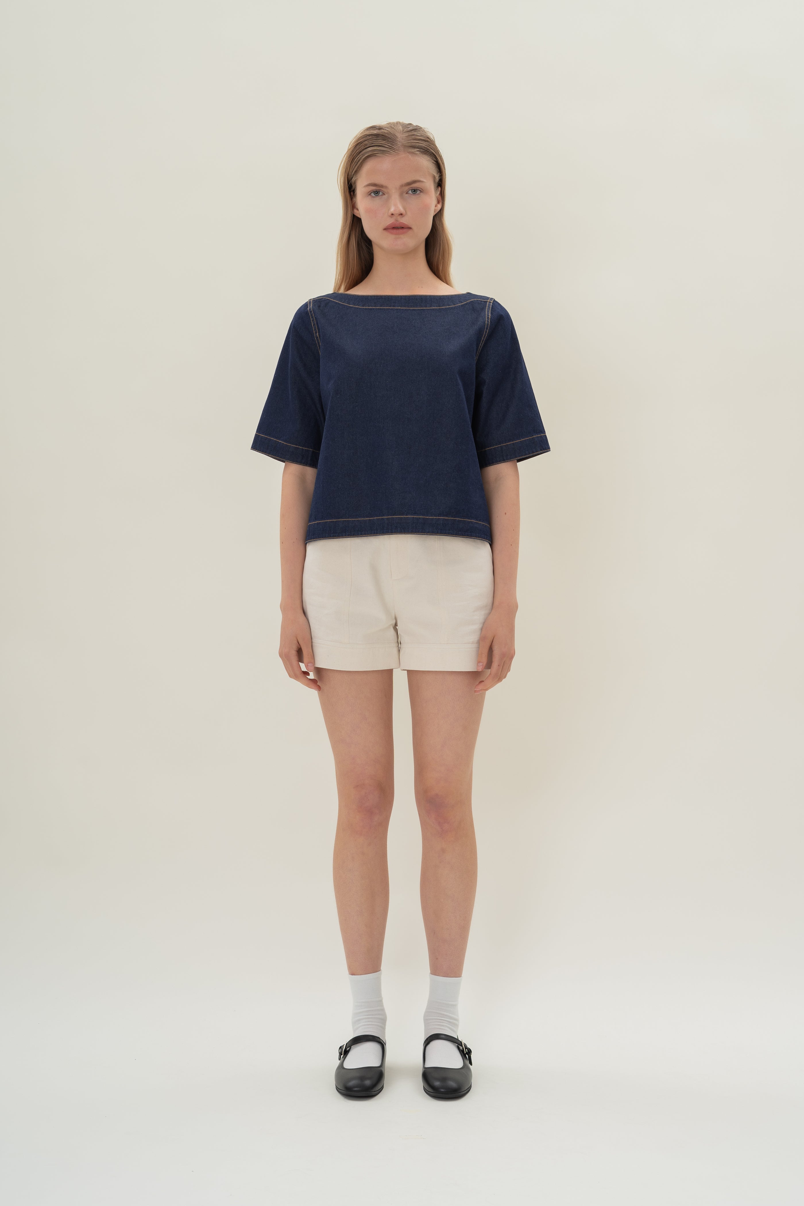Boat Neck Denim Top in Dark Wash