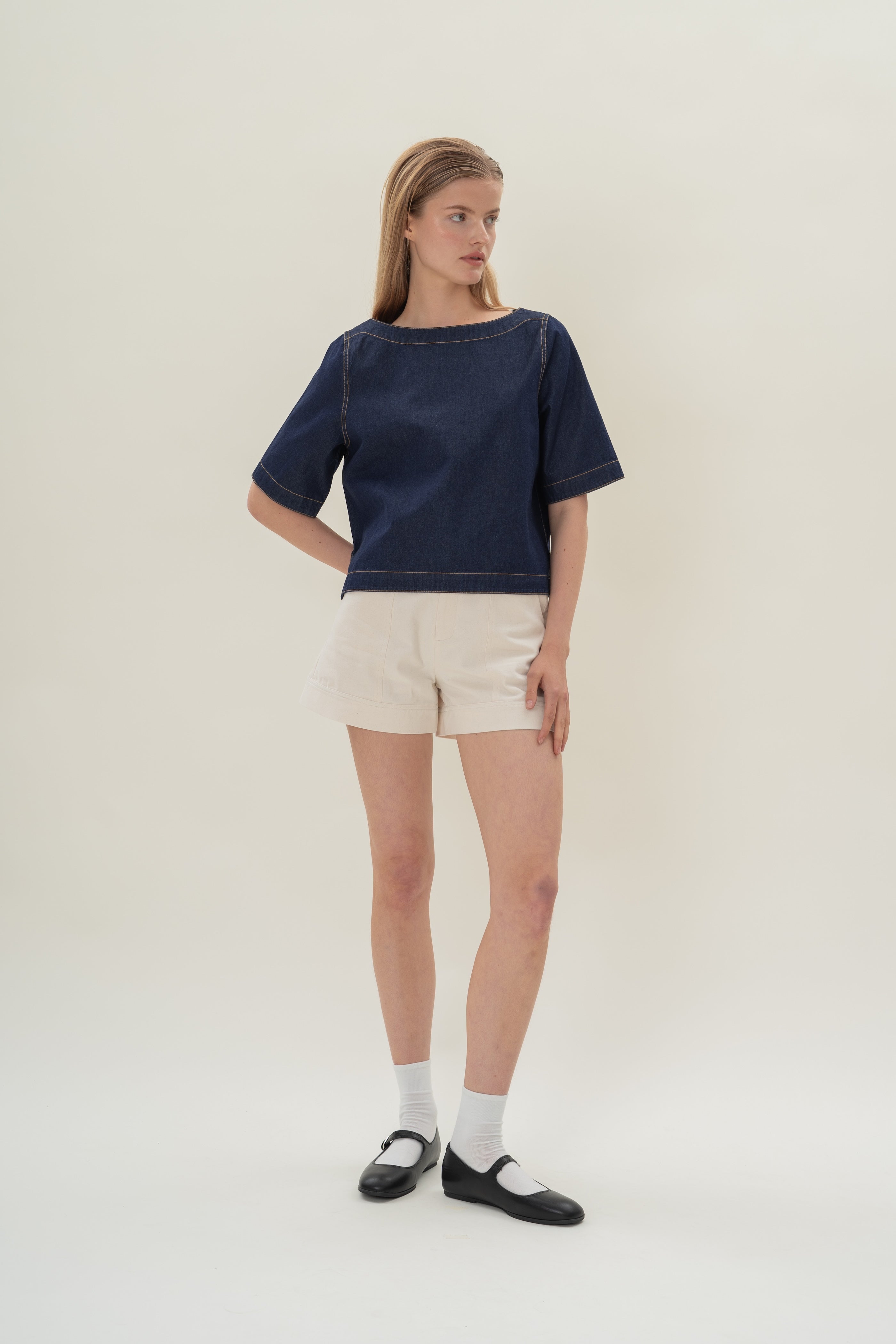 Boat Neck Denim Top in Dark Wash