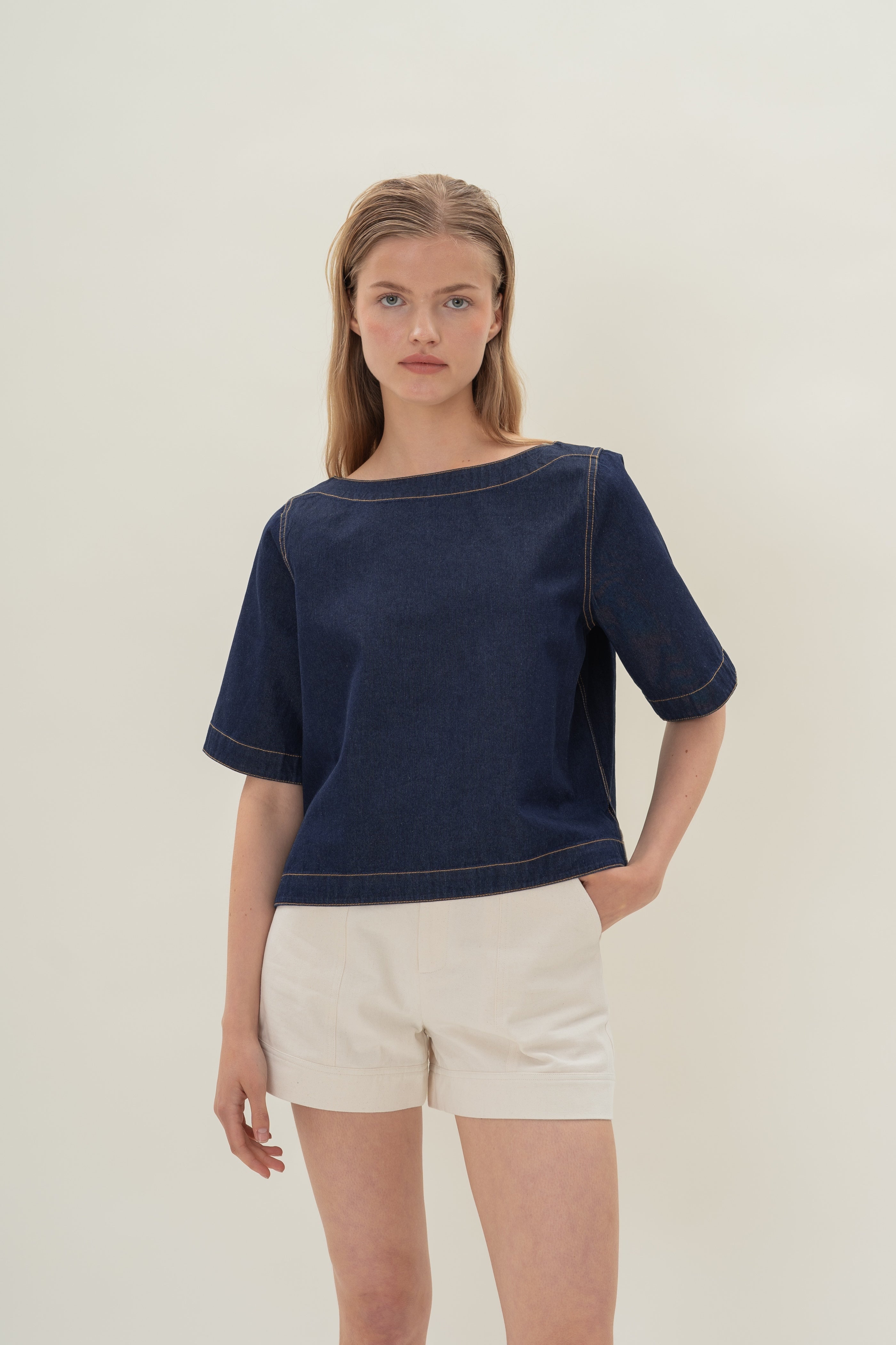 Boat Neck Denim Top in Dark Wash