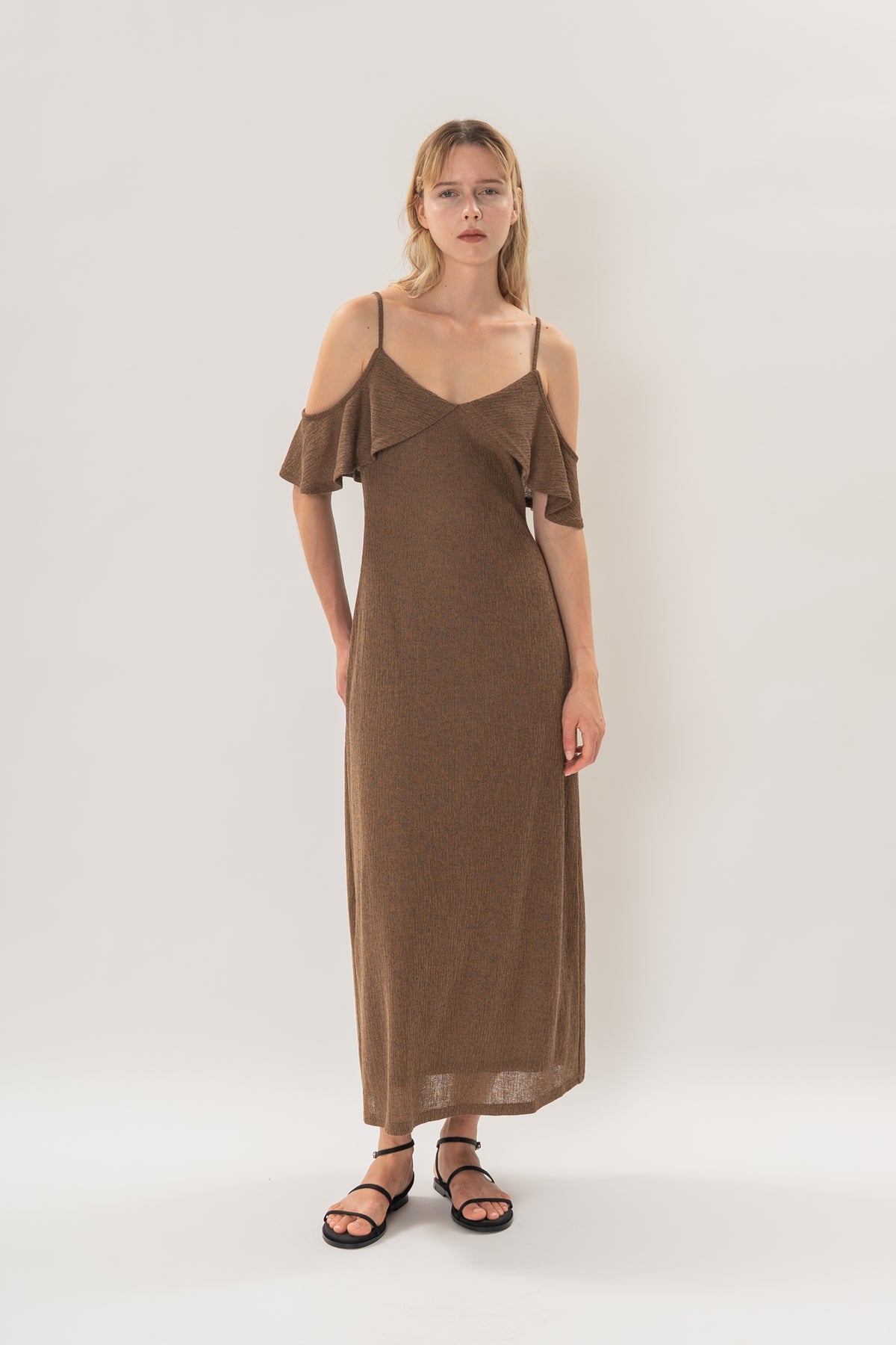 Open Shoulder Cami Knitted Maxi Dress in Heather Brown