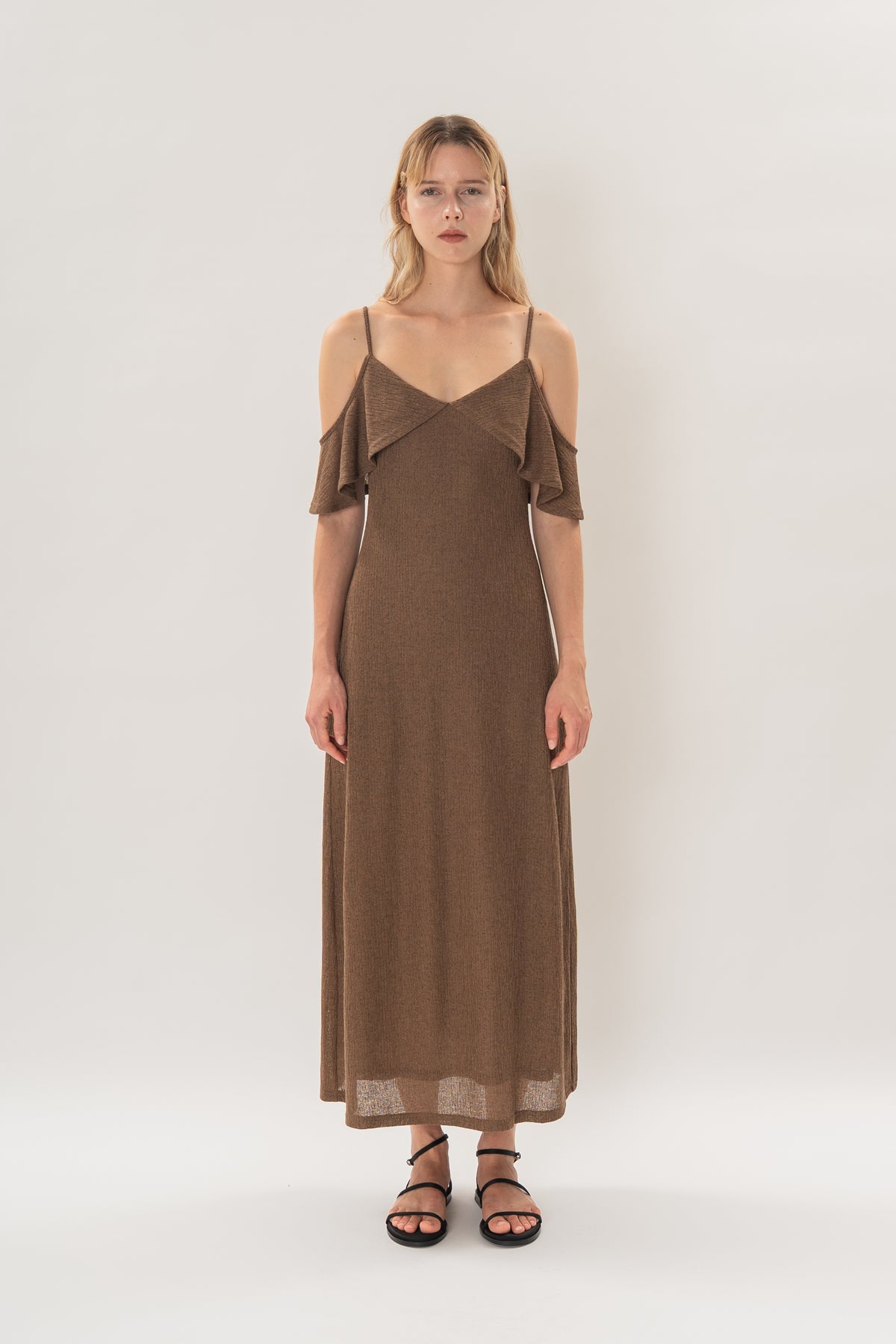 Open Shoulder Cami Knitted Maxi Dress in Heather Brown