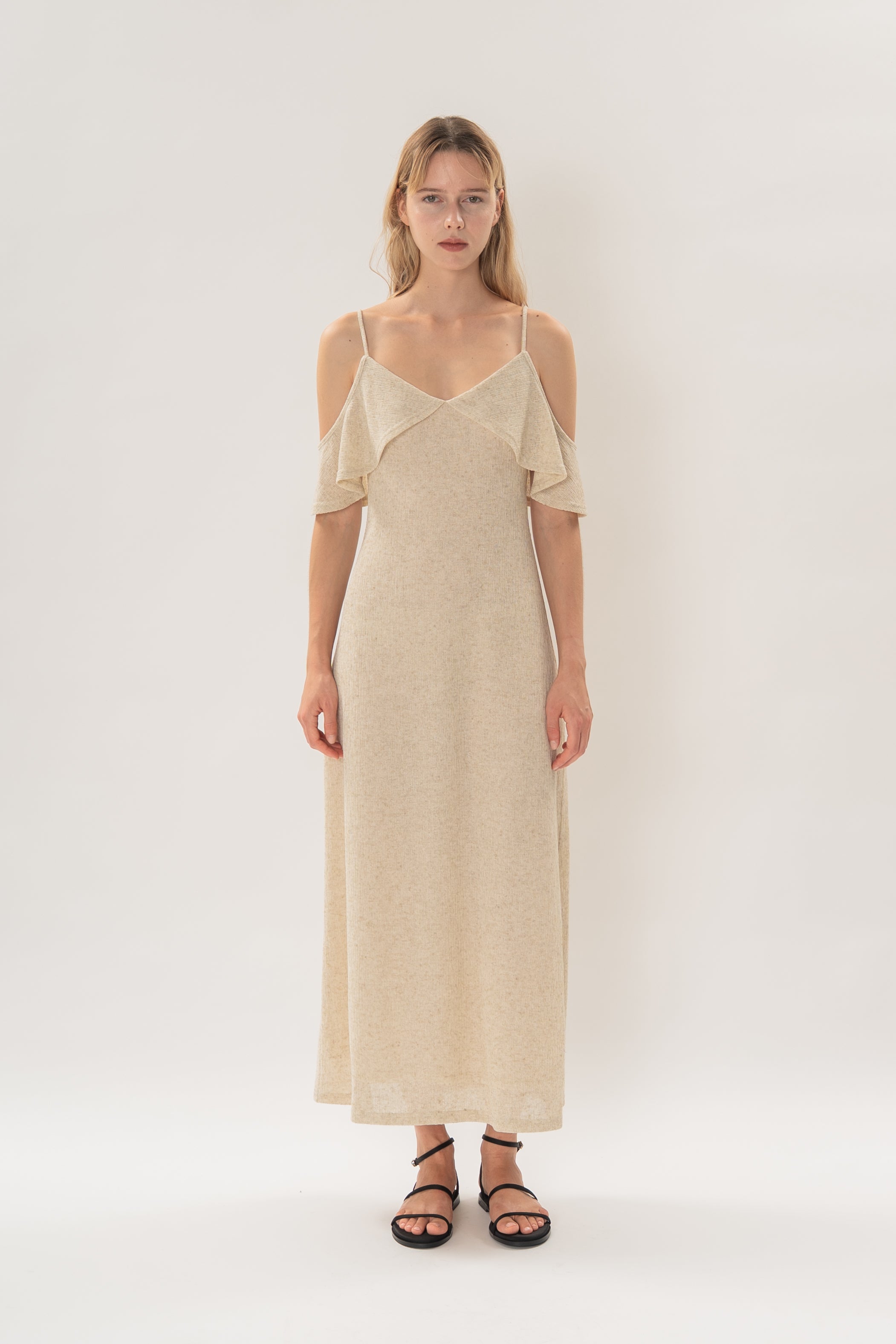 Open Shoulder Cami Knitted Maxi Dress in Hay