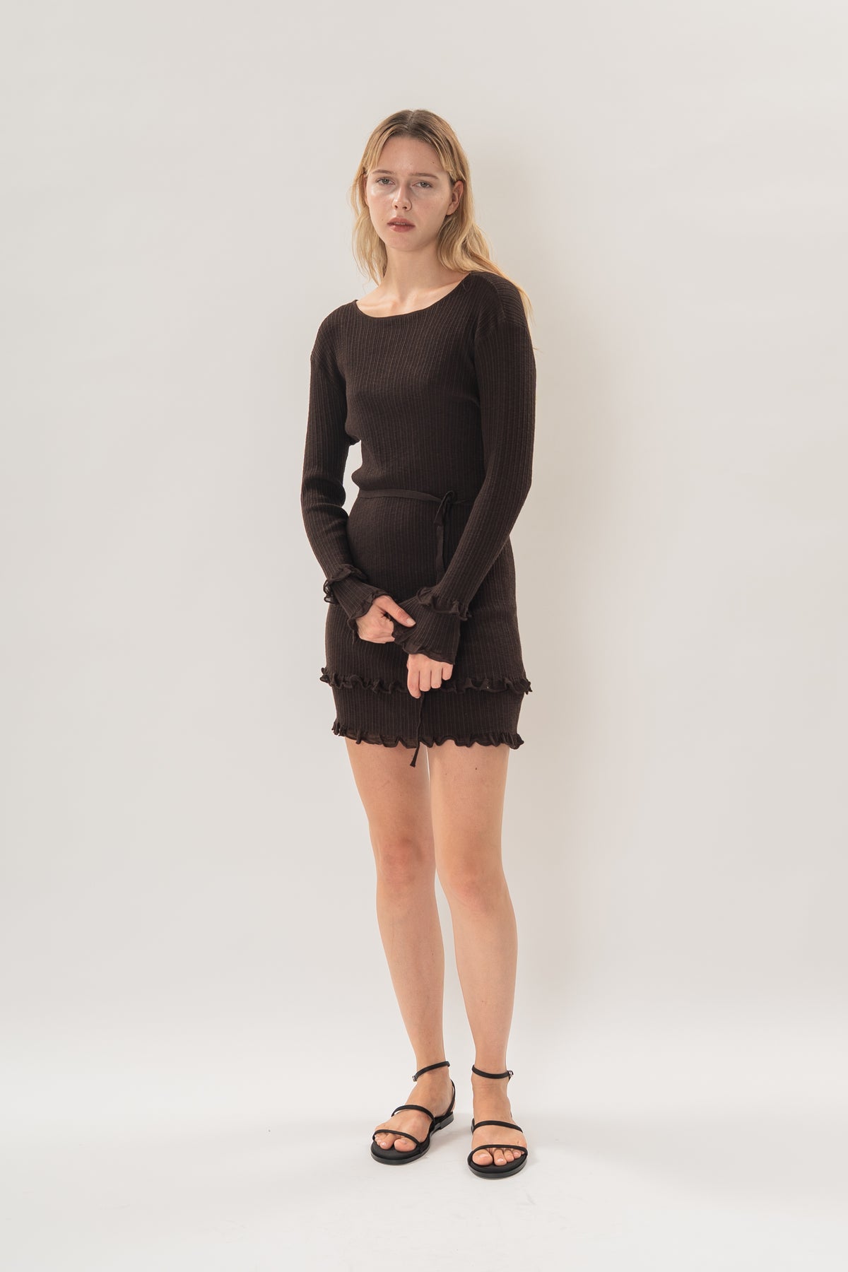 Textured Knit Frill Hem Mini Dress in Umber