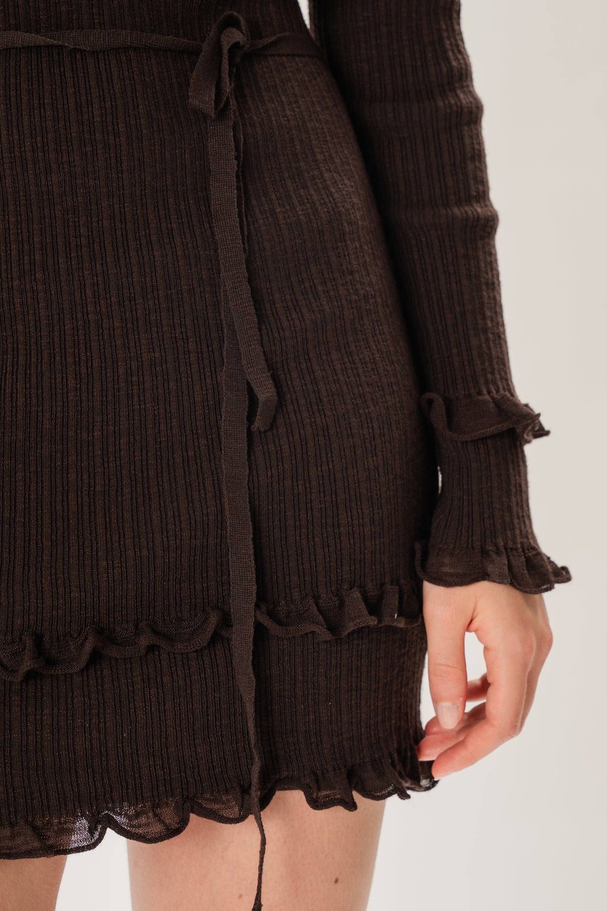 Textured Knit Frill Hem Mini Dress in Umber