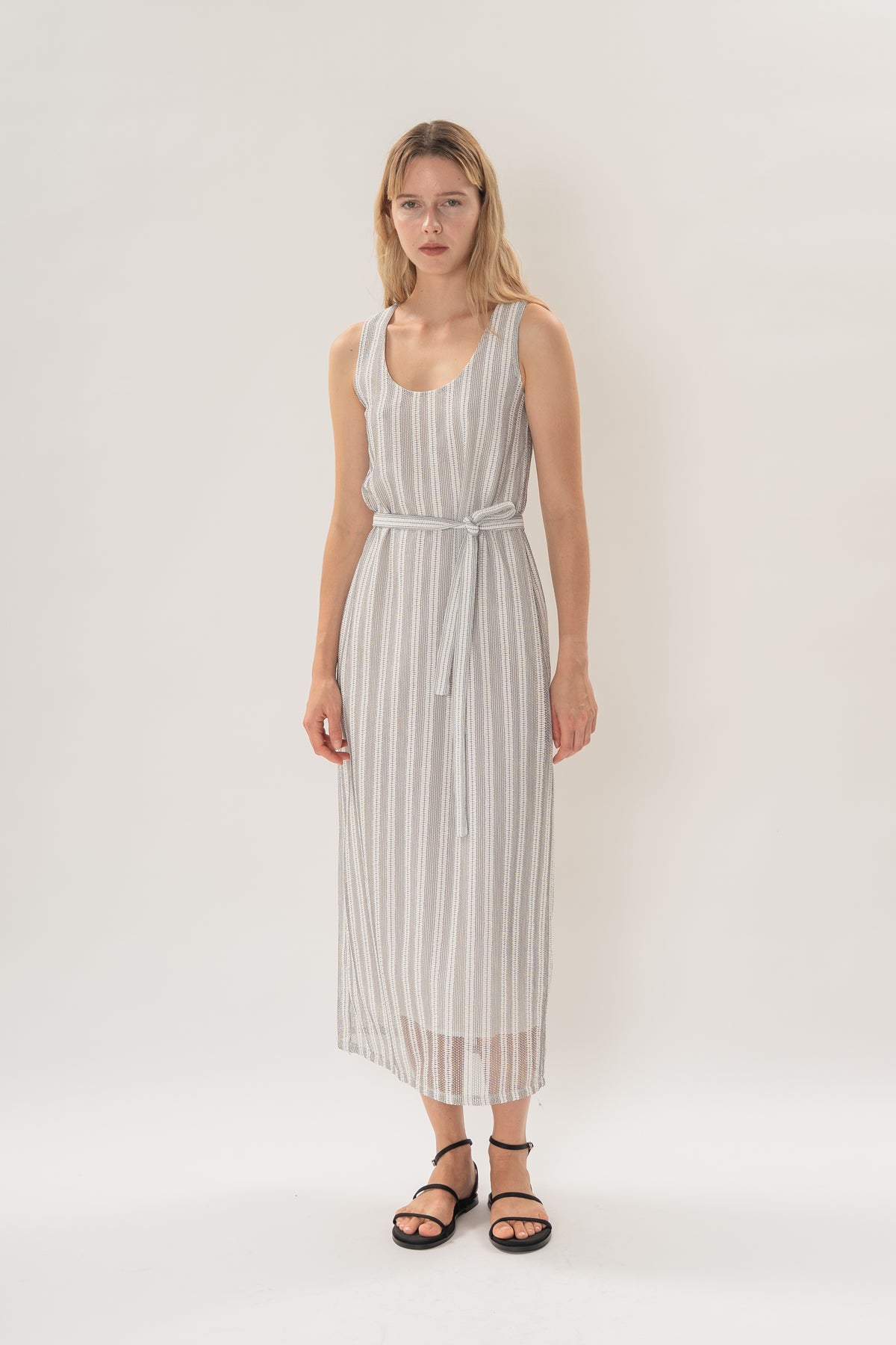 Scoop Neck Column Maxi Dress in Embroidered Stripe