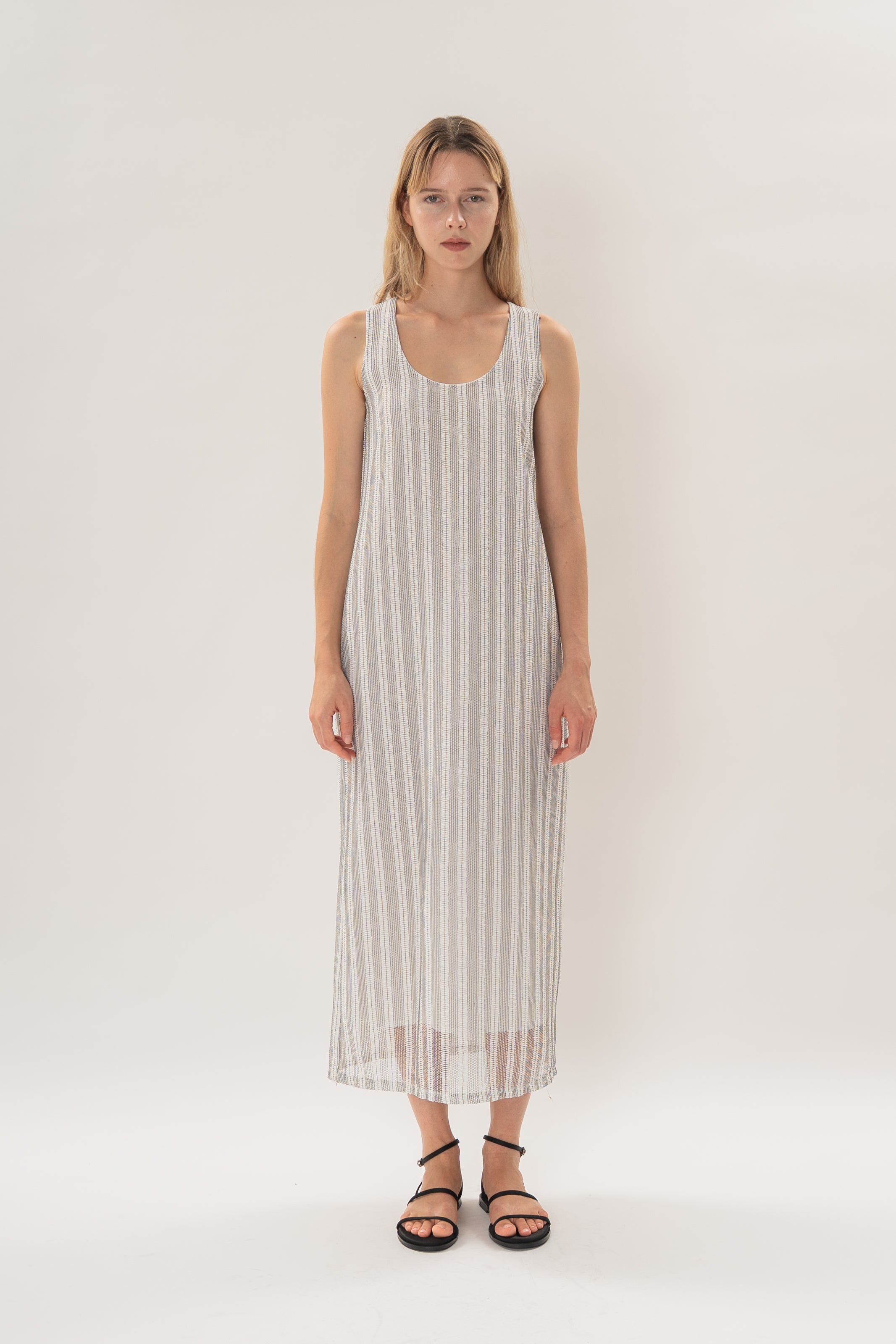 Scoop Neck Column Maxi Dress in Embroidered Stripe