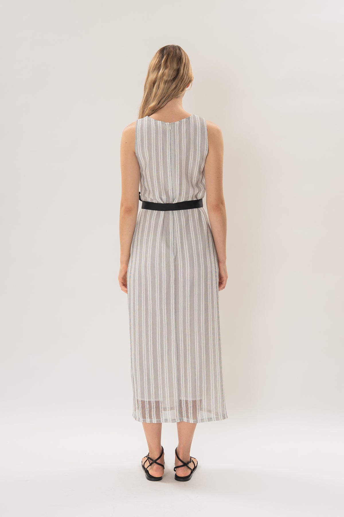 Scoop Neck Column Maxi Dress in Embroidered Stripe