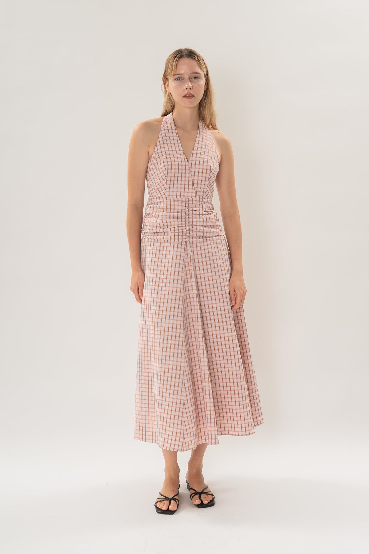 Halter Shirred Maxi Dress in Rosewood Gingham