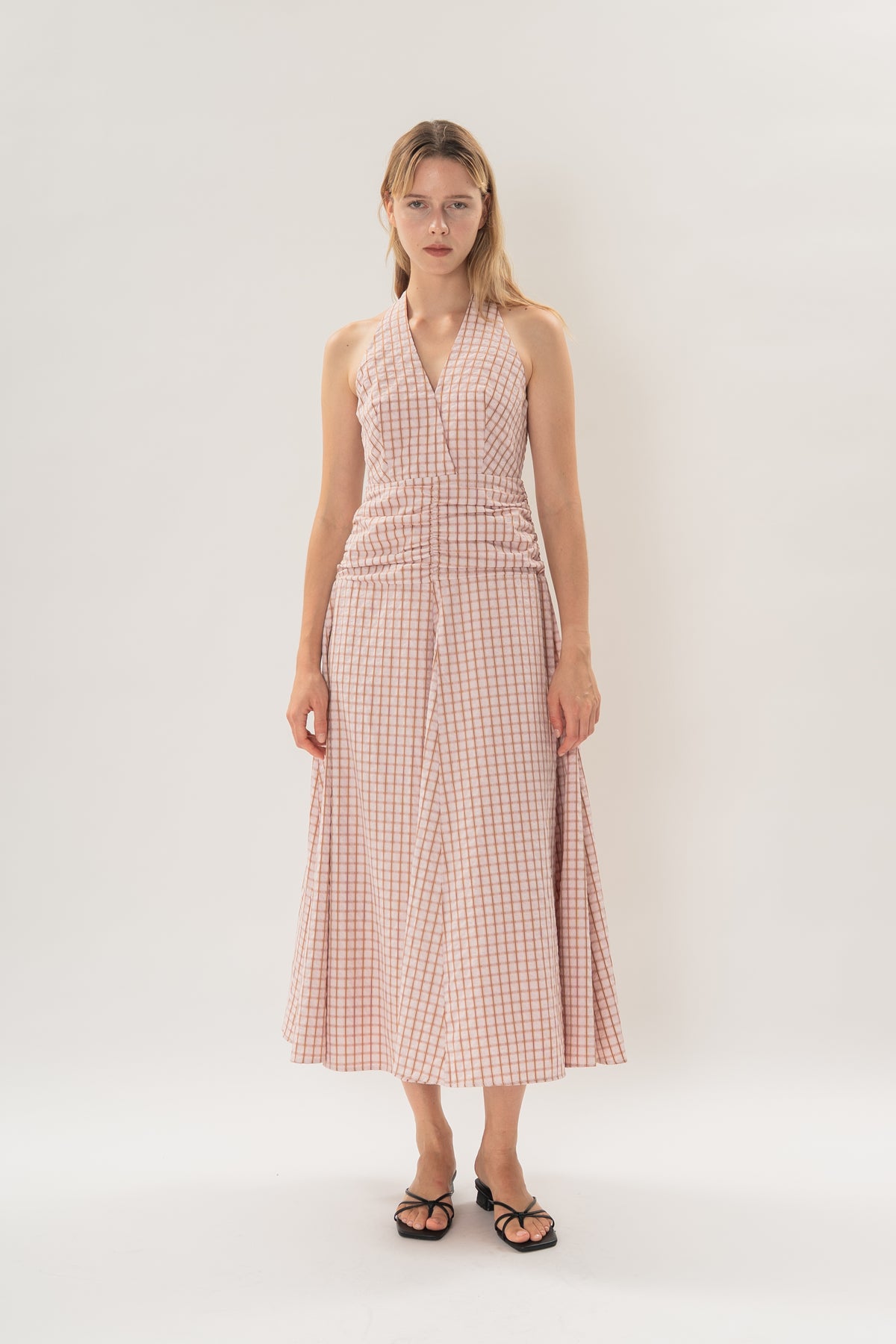 Halter Shirred Maxi Dress in Rosewood Gingham