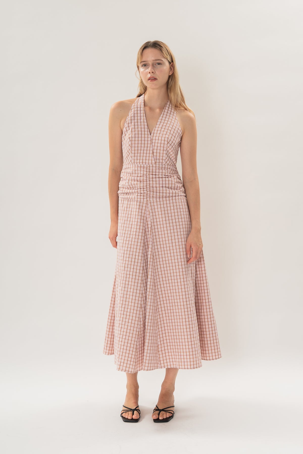 Halter Shirred Maxi Dress in Rosewood Gingham