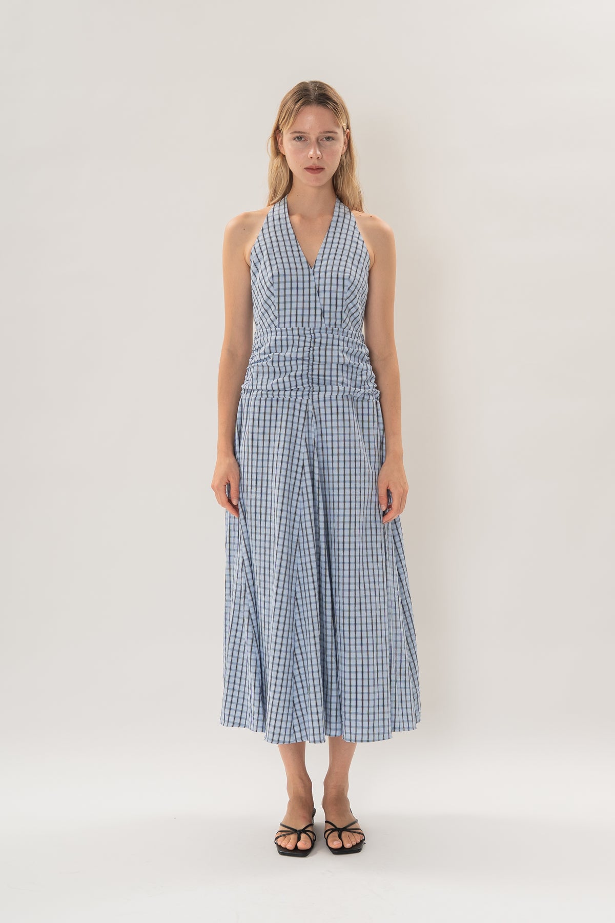 Halter Shirred Maxi Dress in Ocean Blue Gingham