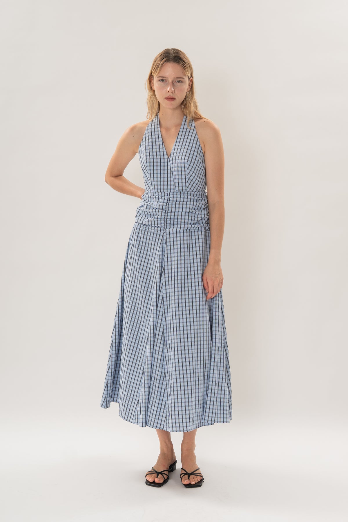 Halter Shirred Maxi Dress in Ocean Blue Gingham