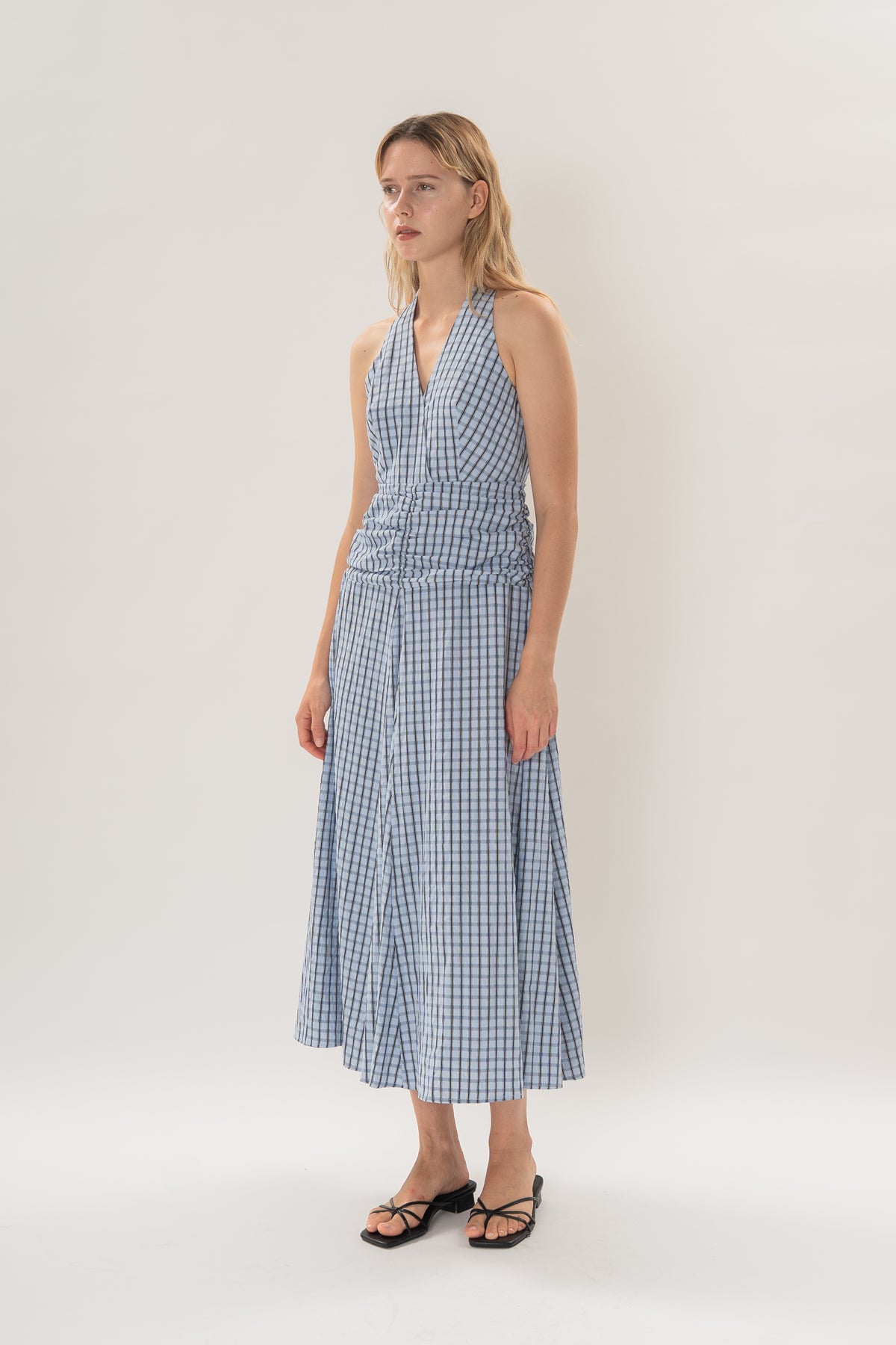 Halter Shirred Maxi Dress in Ocean Blue Gingham