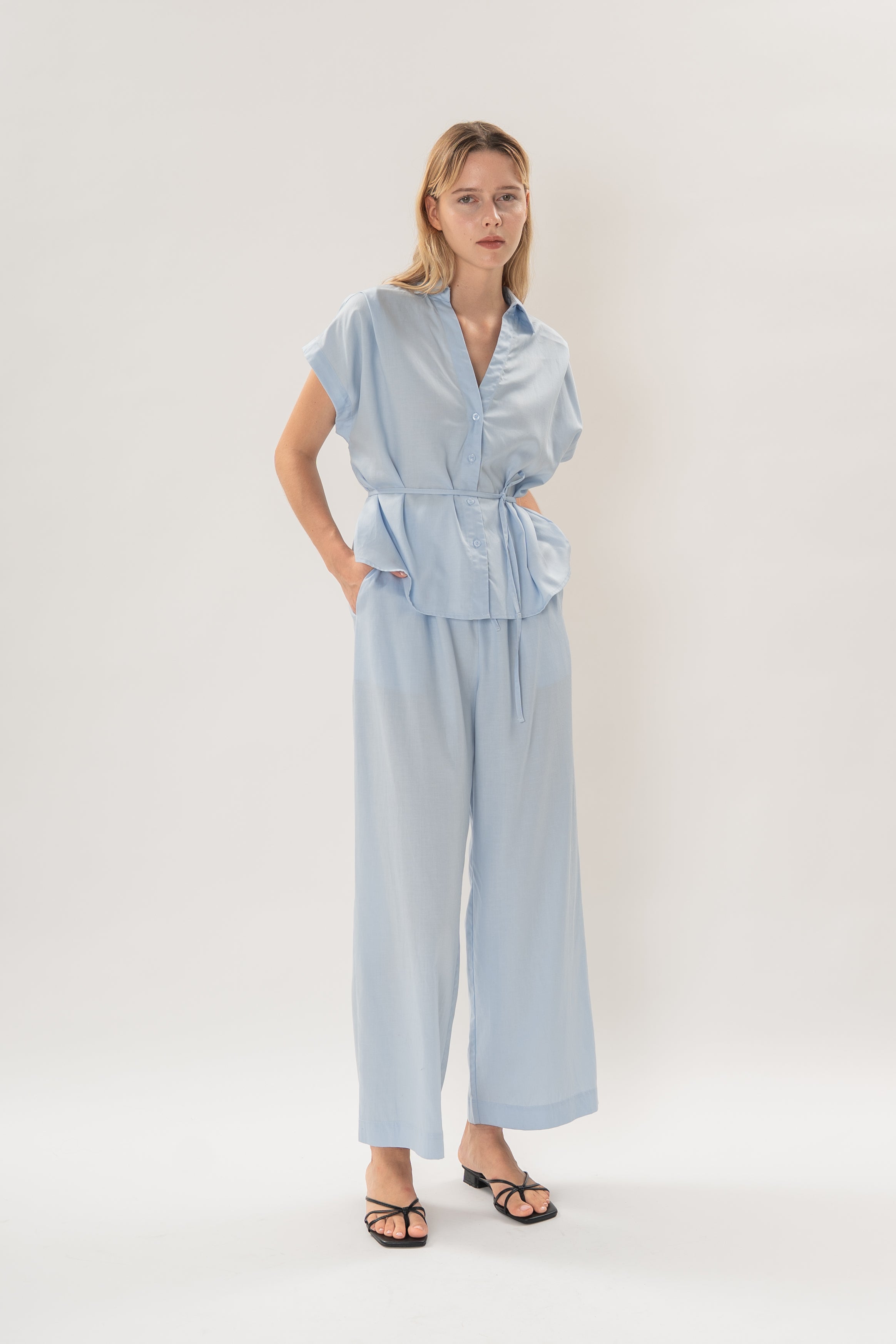 Collared Short Sleeve Waist Tie Top in Mist Blue
