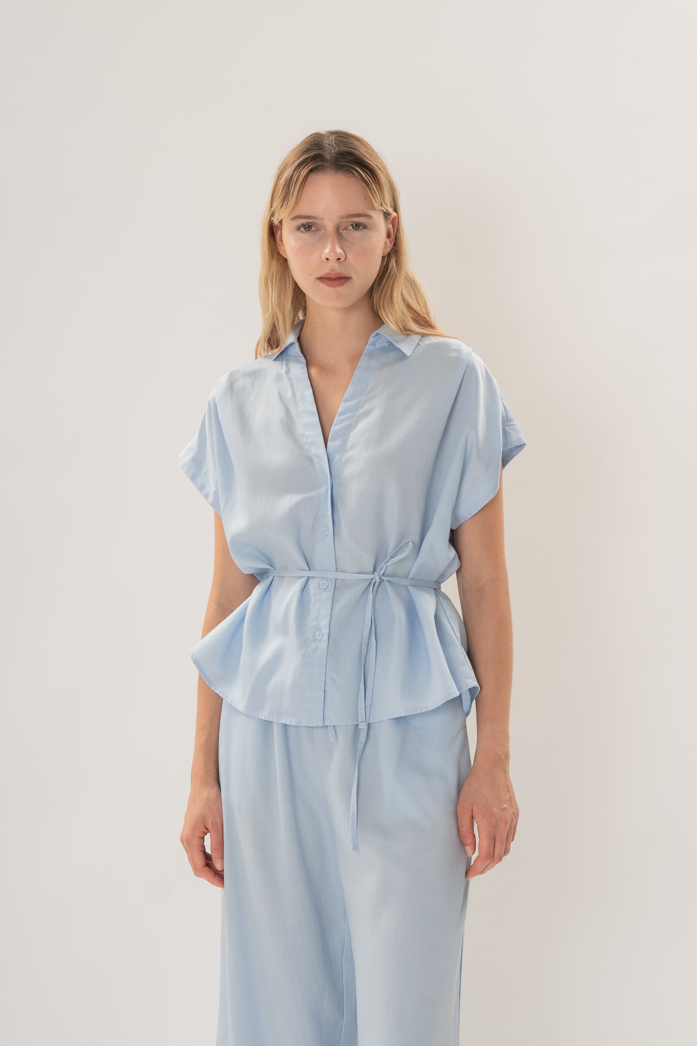 Collared Short Sleeve Waist Tie Top in Mist Blue