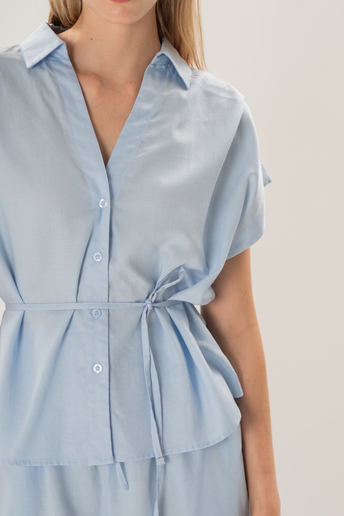 Collared Short Sleeve Waist Tie Top in Mist Blue