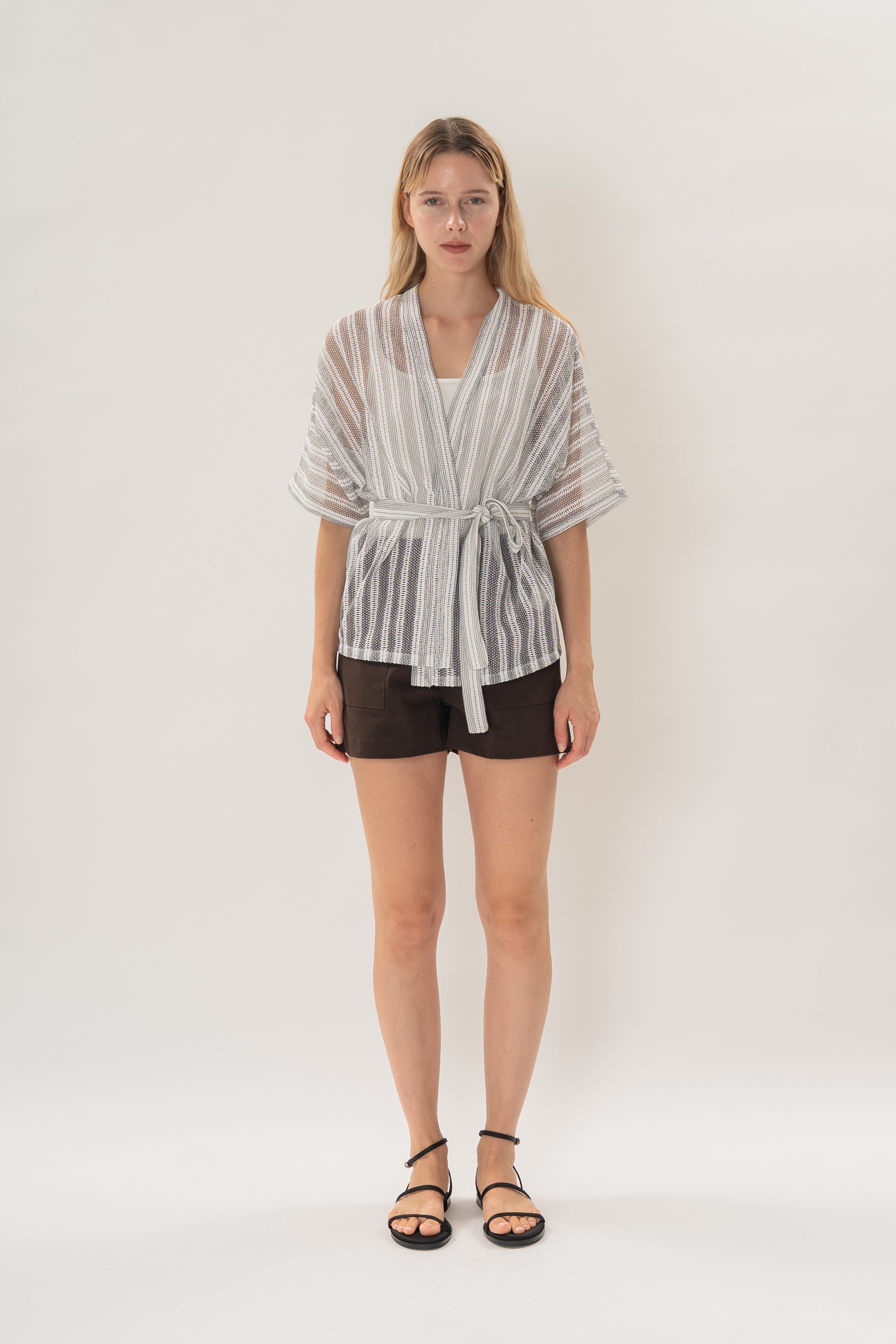 Textured Kimono Outer in Embroidered Stripe
