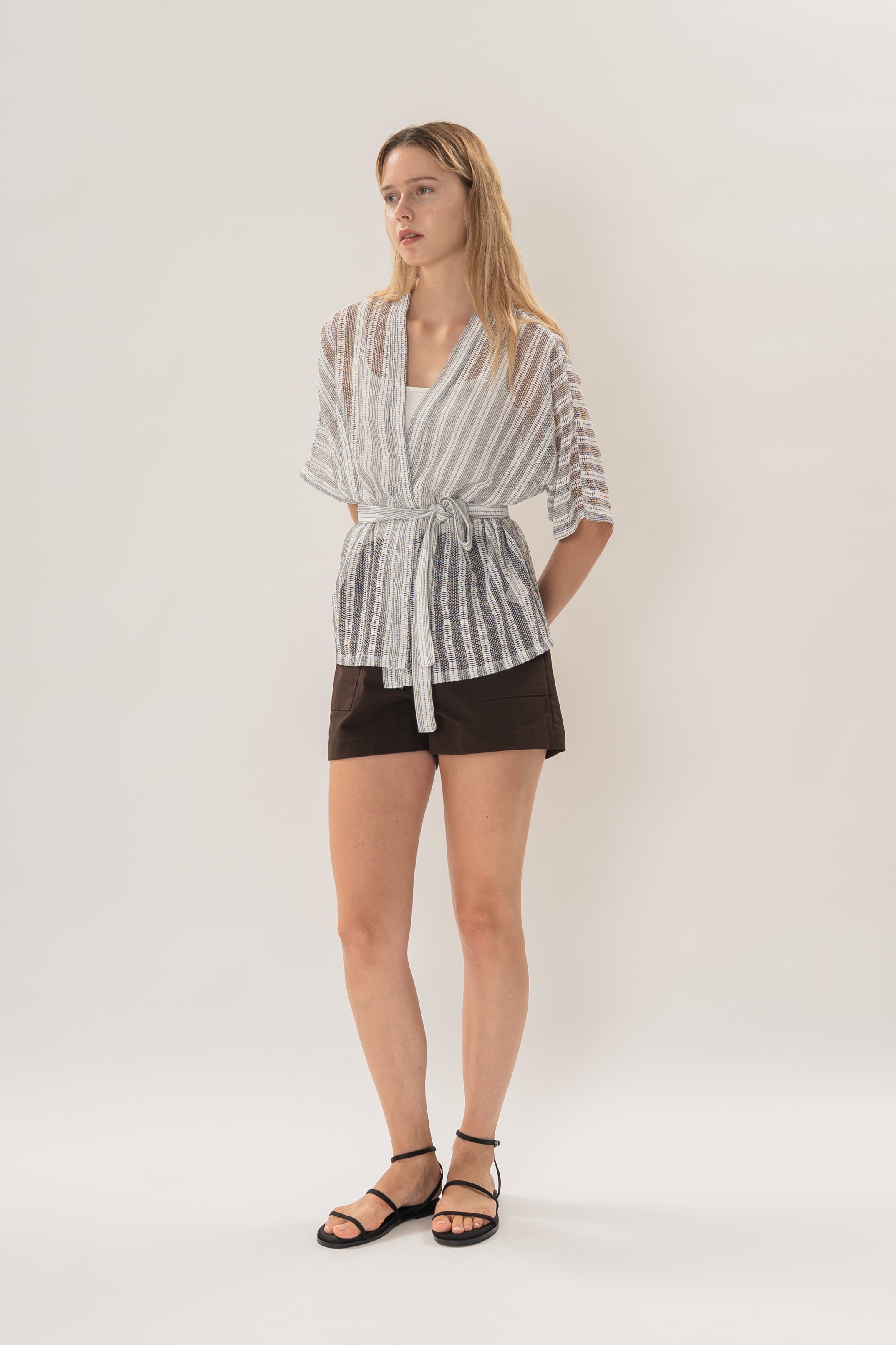 Textured Kimono Outer in Embroidered Stripe