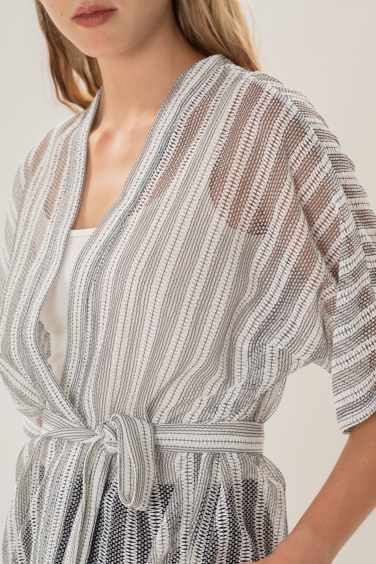 Textured Kimono Outer in Embroidered Stripe