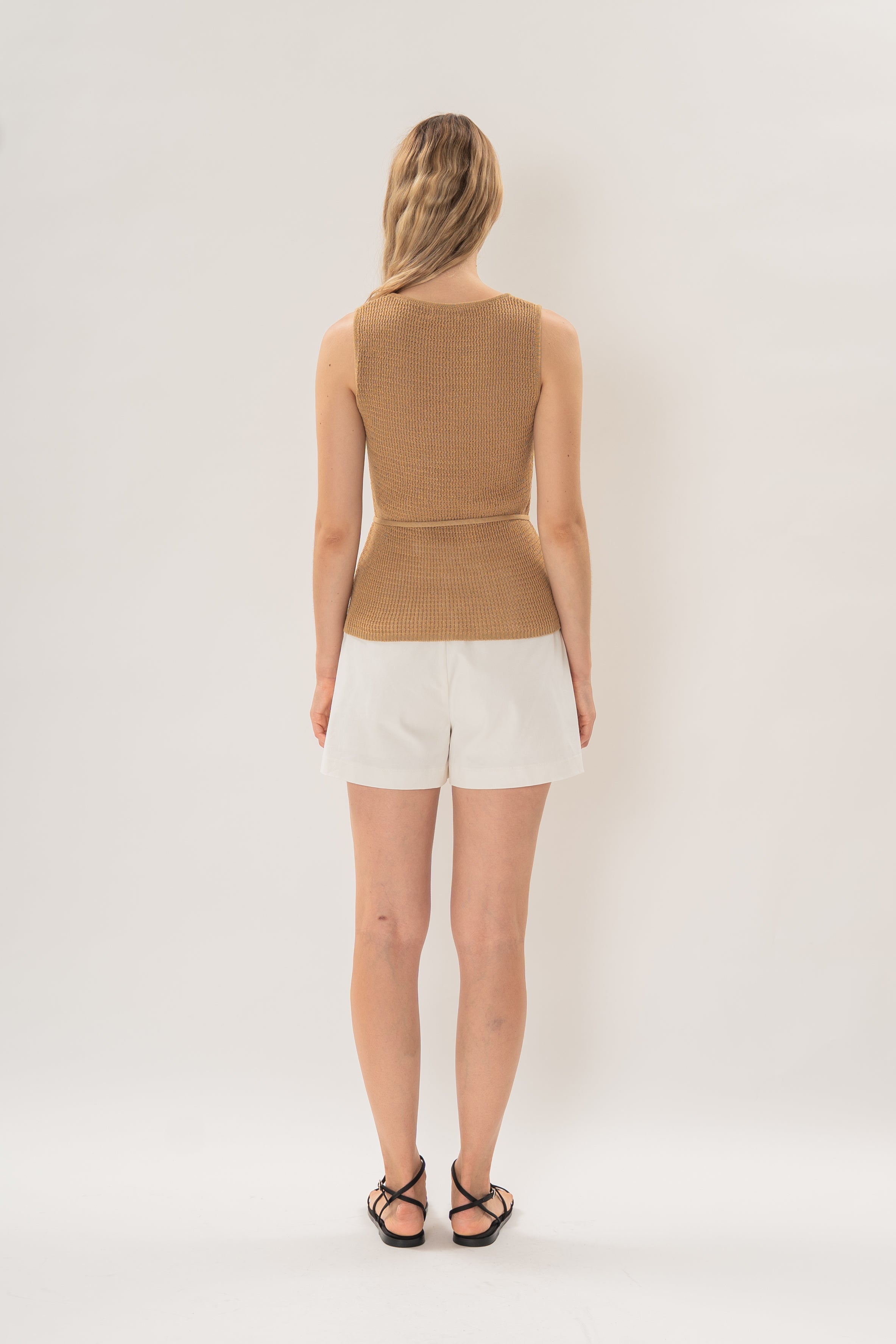 Cotton-Blend Round Neck Knitted Tank in Camel