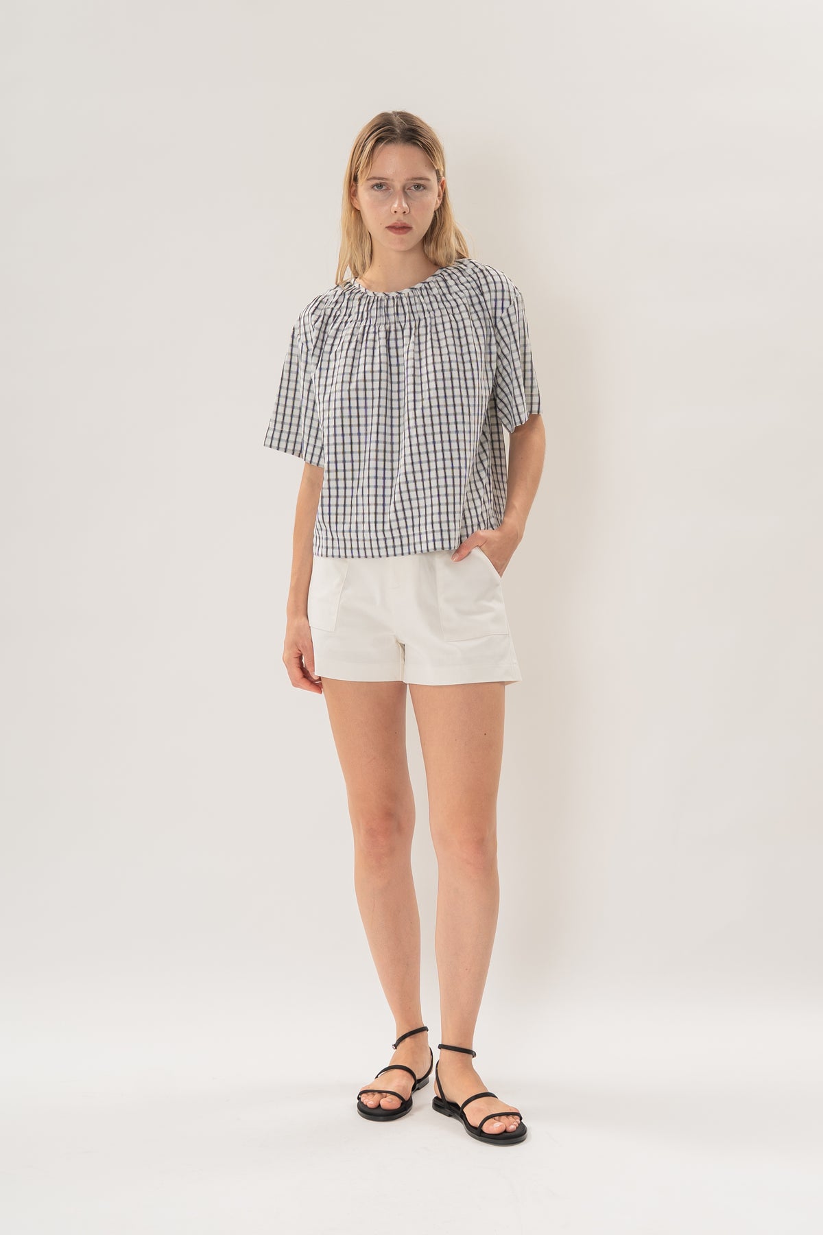 Gathered Neckline Blouse in Black Gingham