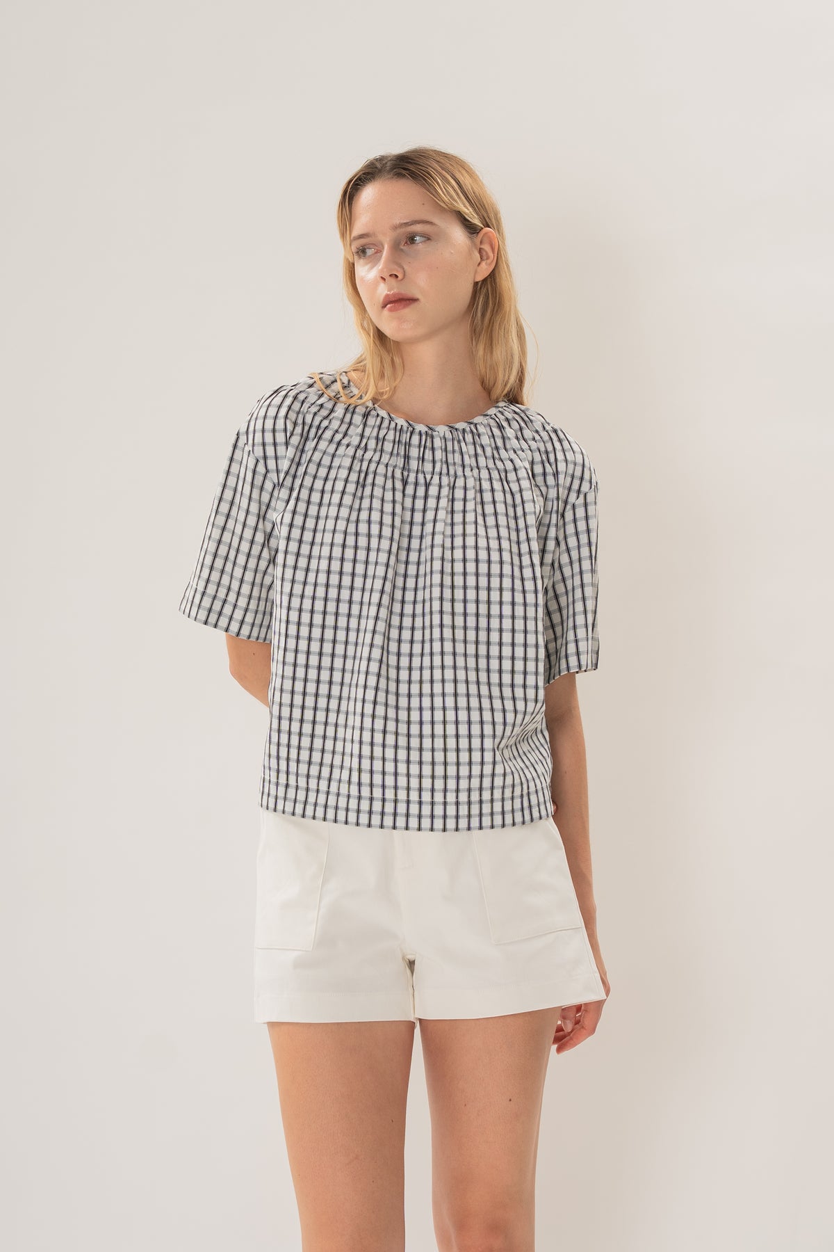 Gathered Neckline Blouse in Black Gingham