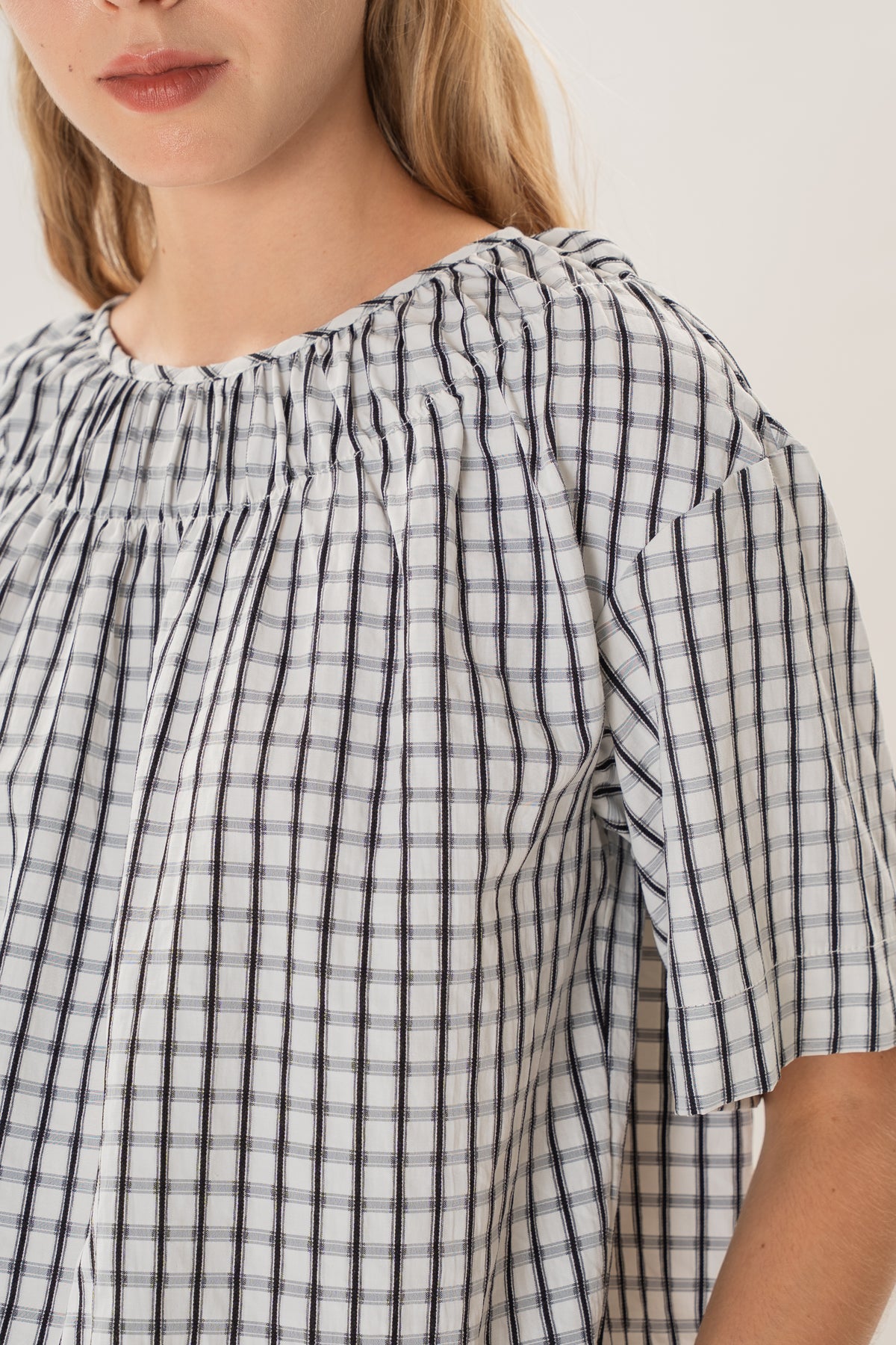 Gathered Neckline Blouse in Black Gingham