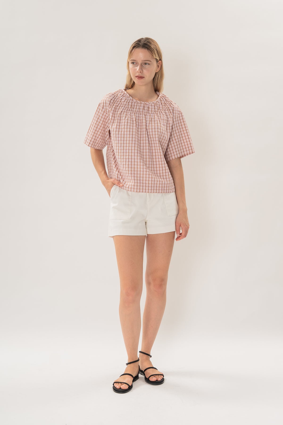 Gathered Neckline Blouse in Rosewood Gingham