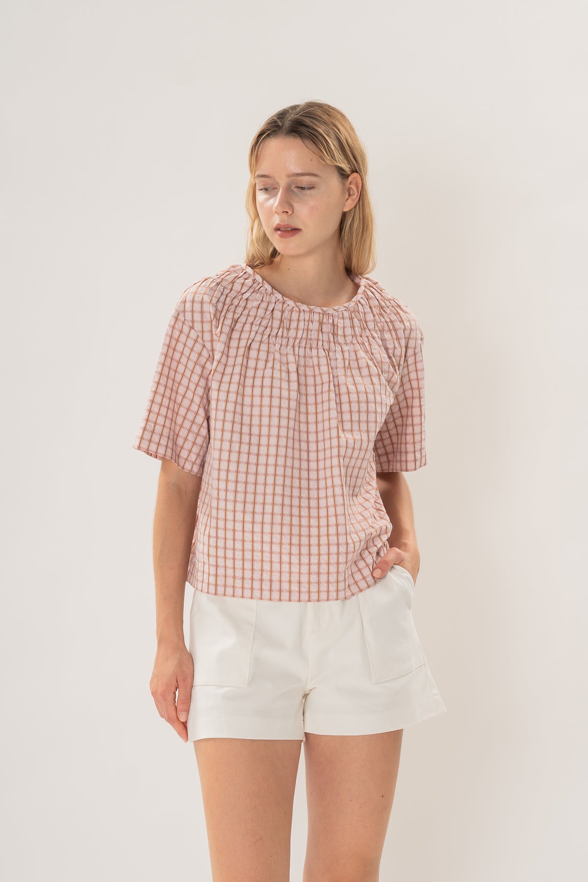Gathered Neckline Blouse in Rosewood Gingham