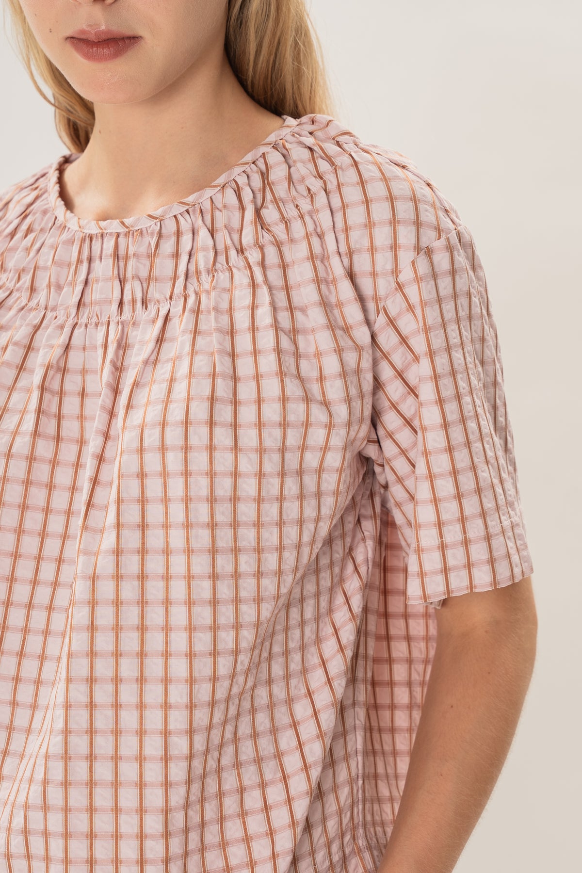 Gathered Neckline Blouse in Rosewood Gingham