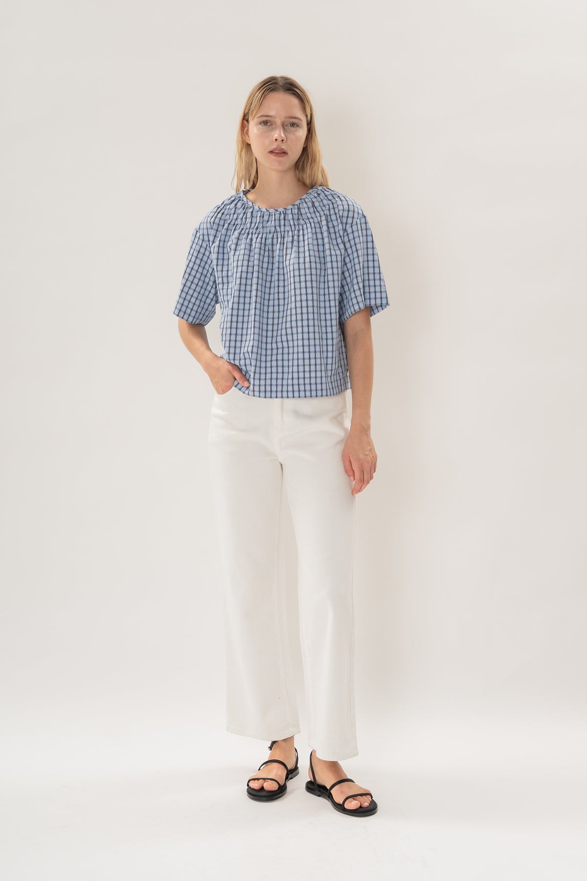 Gathered Neckline Blouse in Ocean Blue Gingham