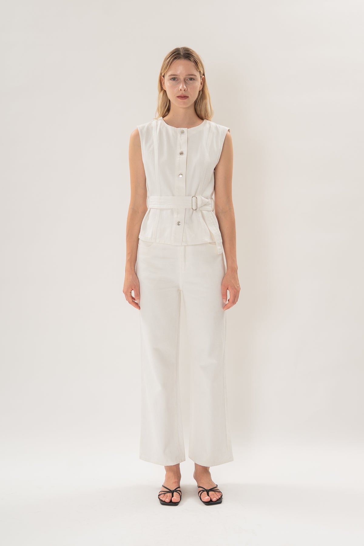 Sleeveless Denim Button Top in White