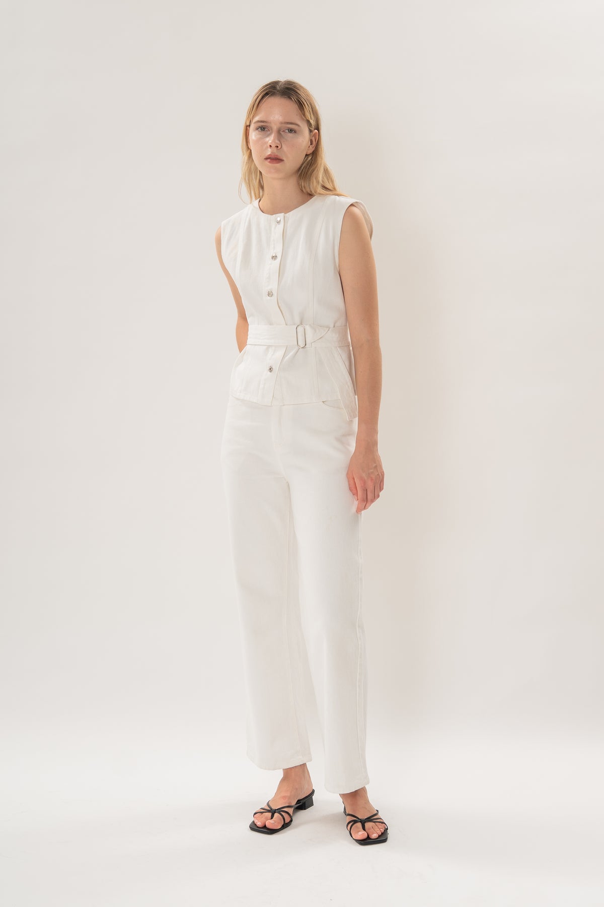 Sleeveless Denim Button Top in White