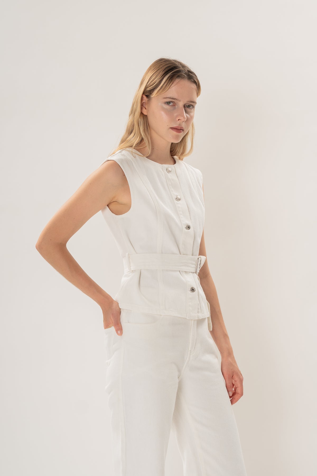 Sleeveless Denim Button Top in White