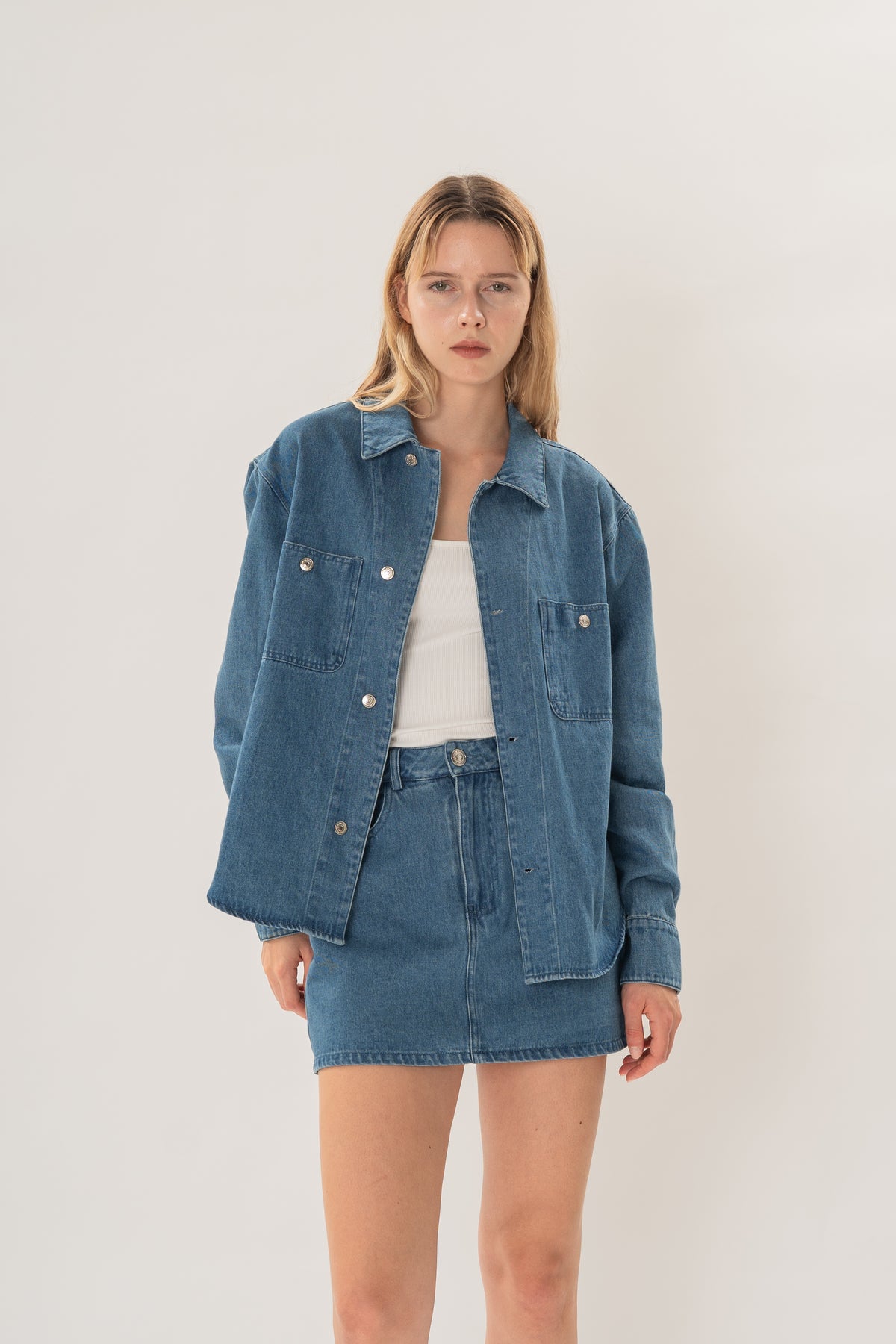 Denim Long Sleeve Overshirt in Mid Blue Wash